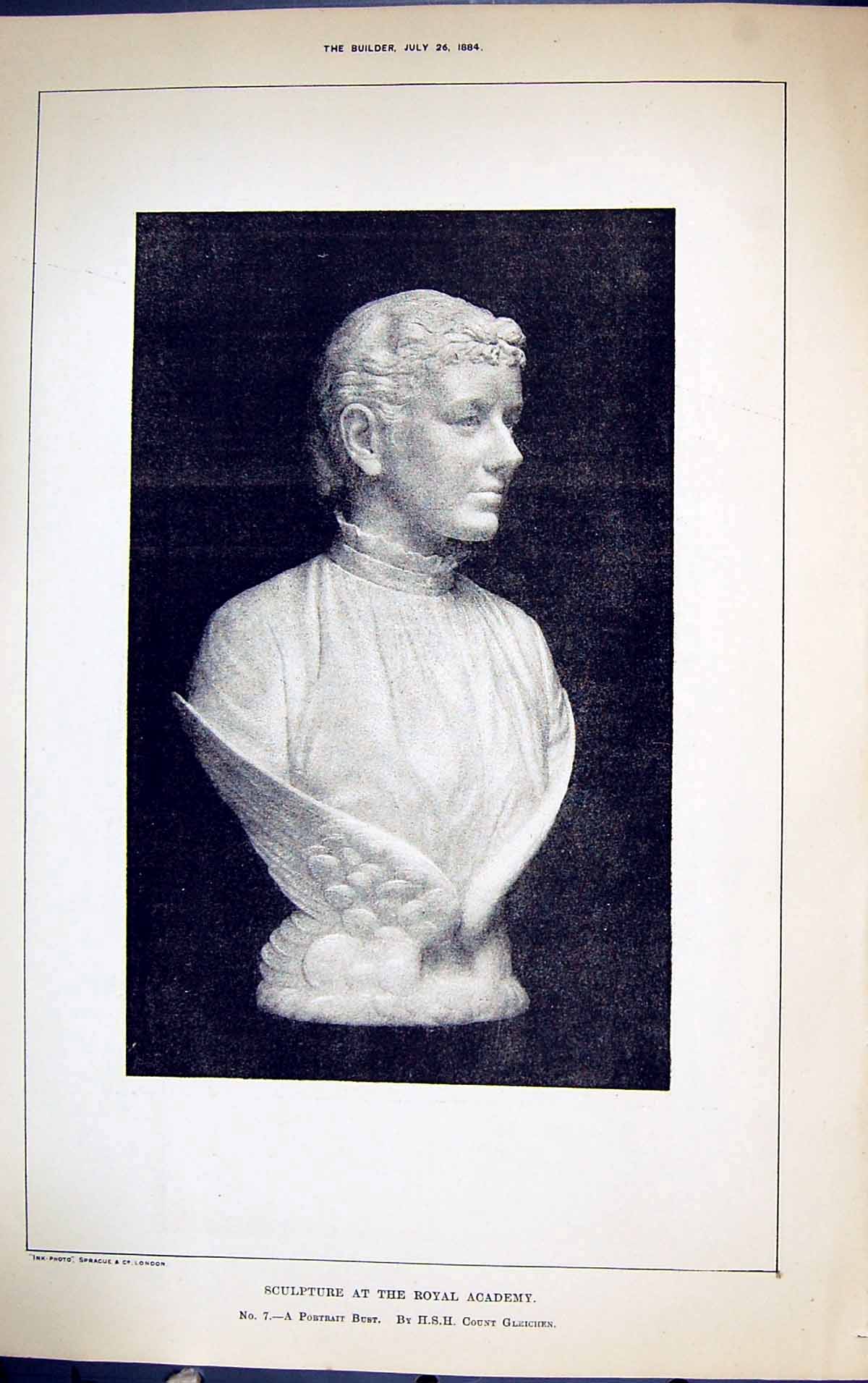 Antique Old Print Sculpture Royal Academy Building 1884 Bust Count Gleichen