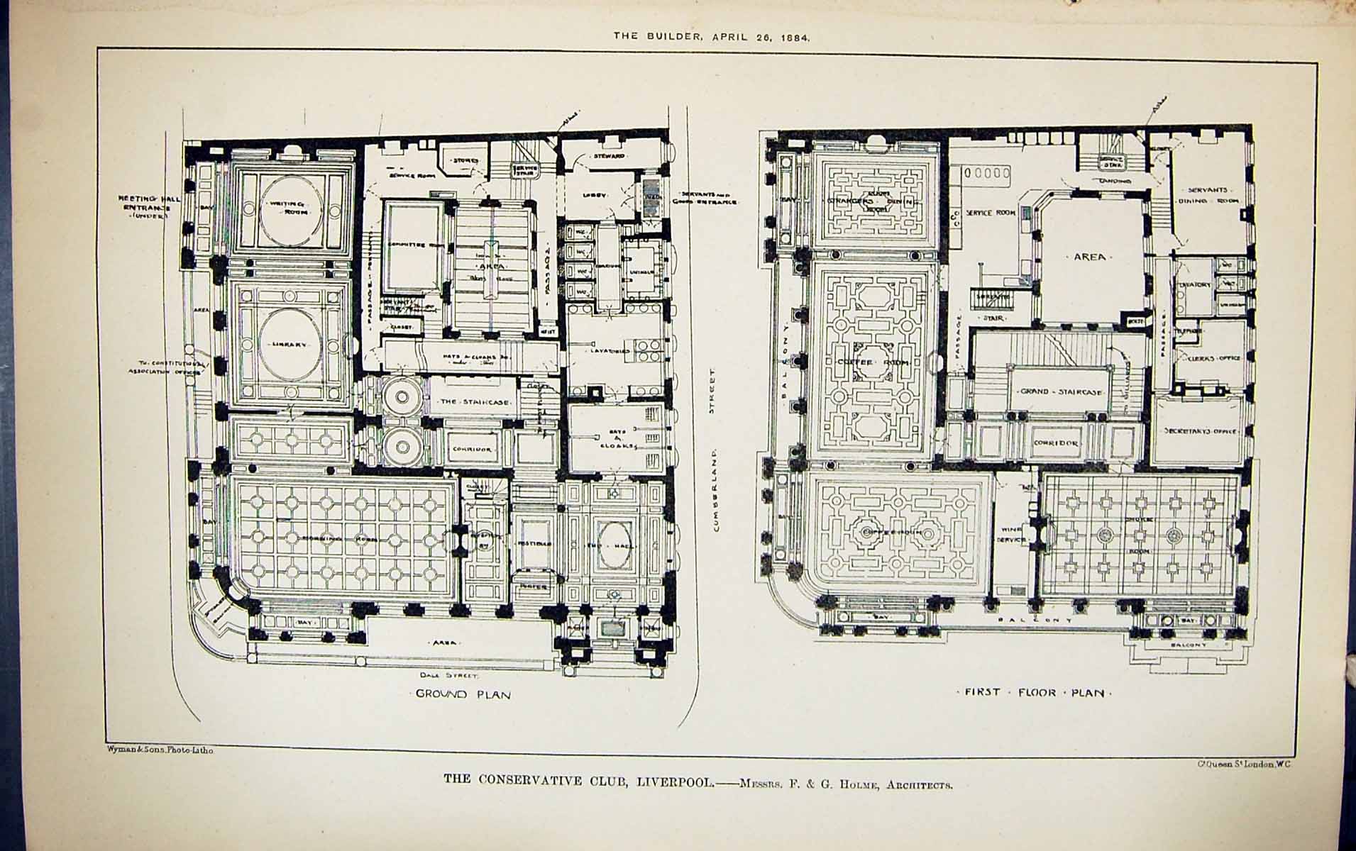 Old Plan Conservative Club Liverpool Holme Building 1884 Architecture Victorian