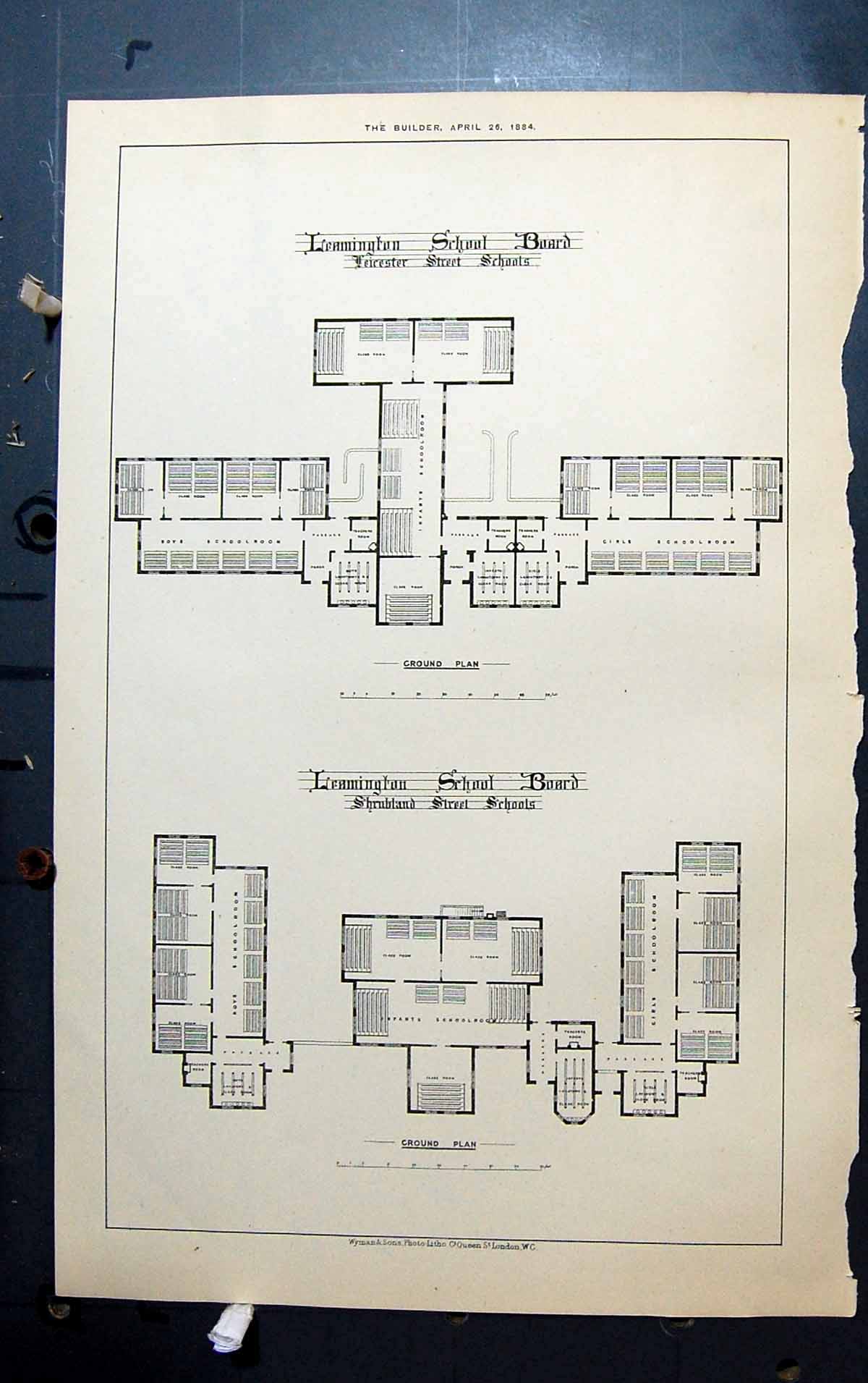Old Plan Leamington School Board Shrubland Leicester Building 1884 Ar Victorian