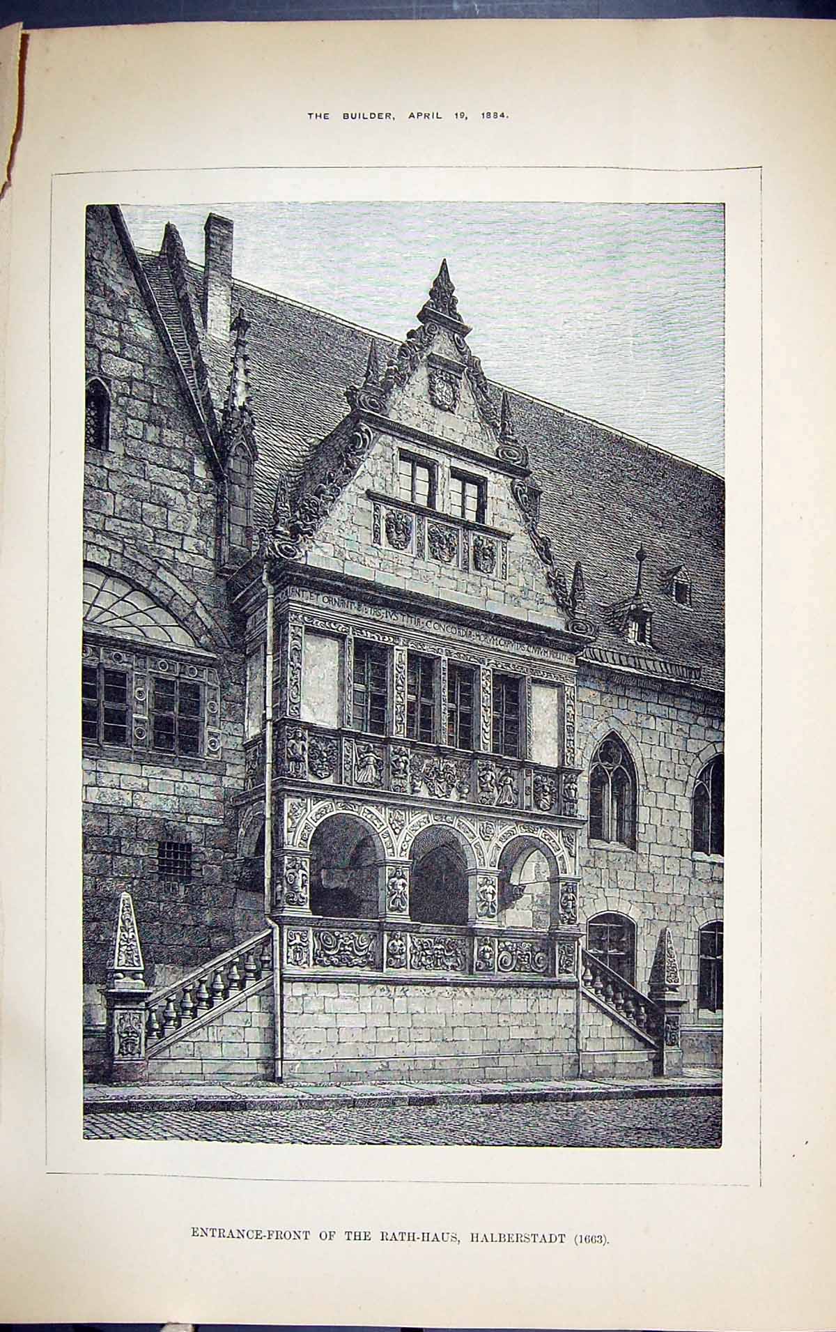Old Print Entrance-Front Rath-Haus Halberstadt Building 1884 Architecture 19th