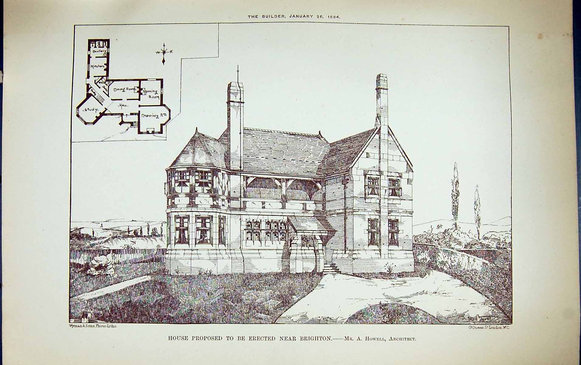 Old Antique Print House Plan Brighton Howell Building 1884 Architecture 19th