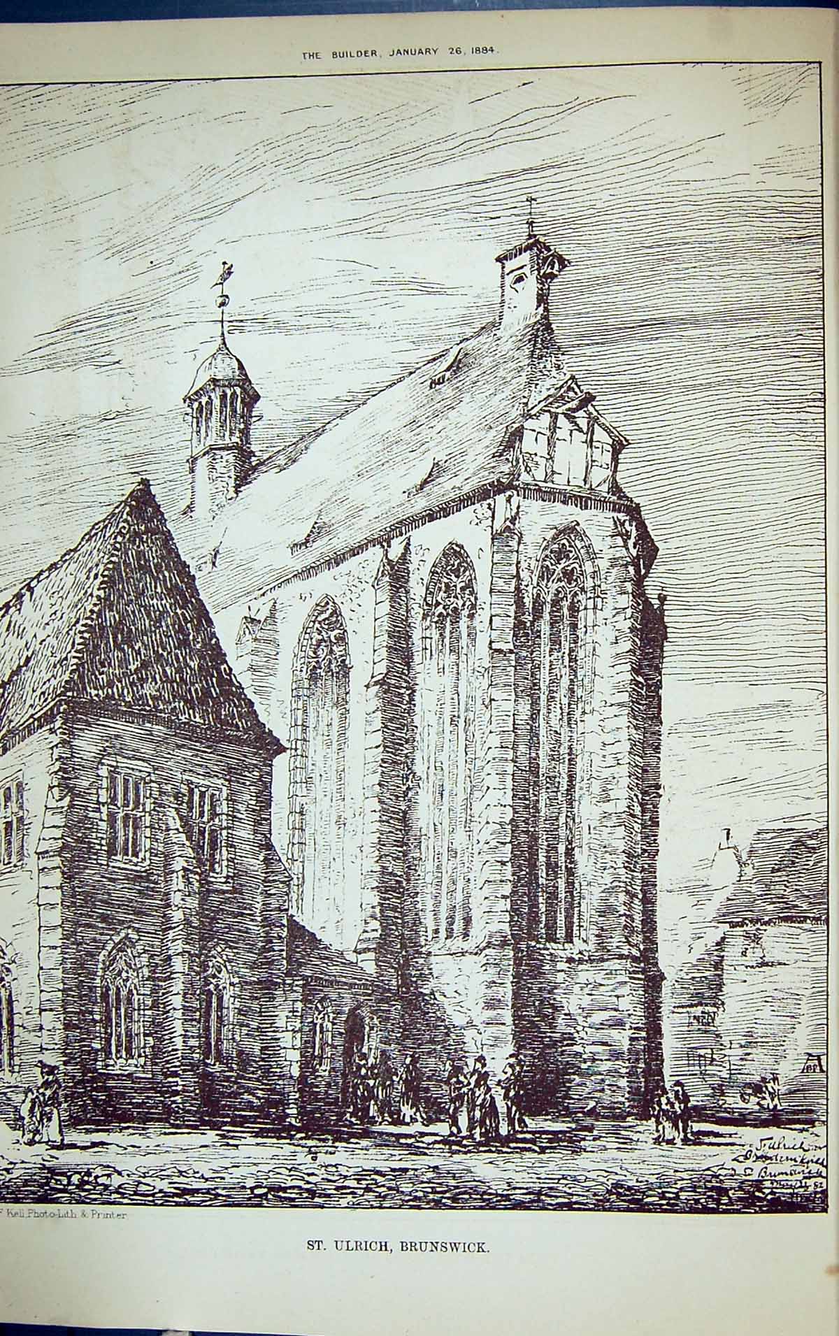 Antique Old Print Exterior St. Ulrich Brunswick Building 1884 Architecture 19th