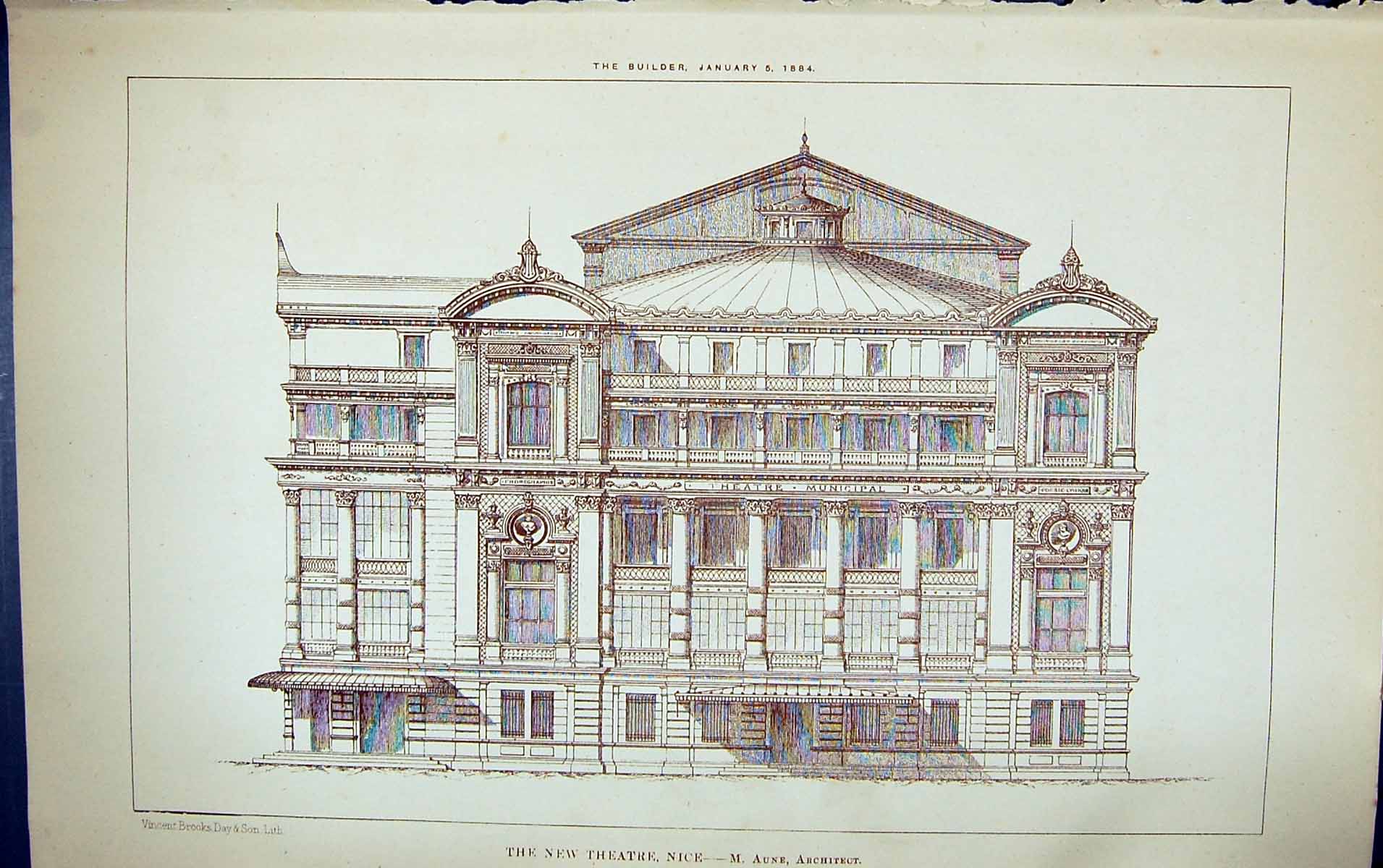 Old Antique Print New Theatre Nice France Aune Building 1884 Architecture 19th