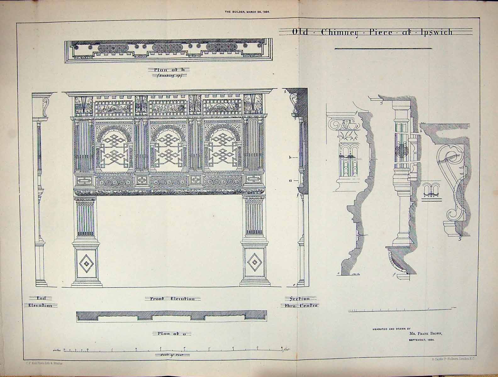 Antique Print Builder 1884 Chimney Piece Ipswich Architecture Frank Brown 19th