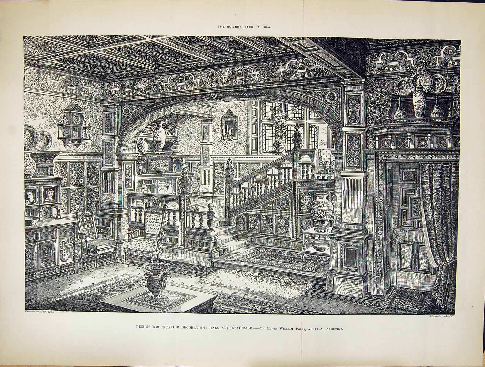 Old Builder 1884 Design Interior Decoration Hall Staircase Edwin Will 19th