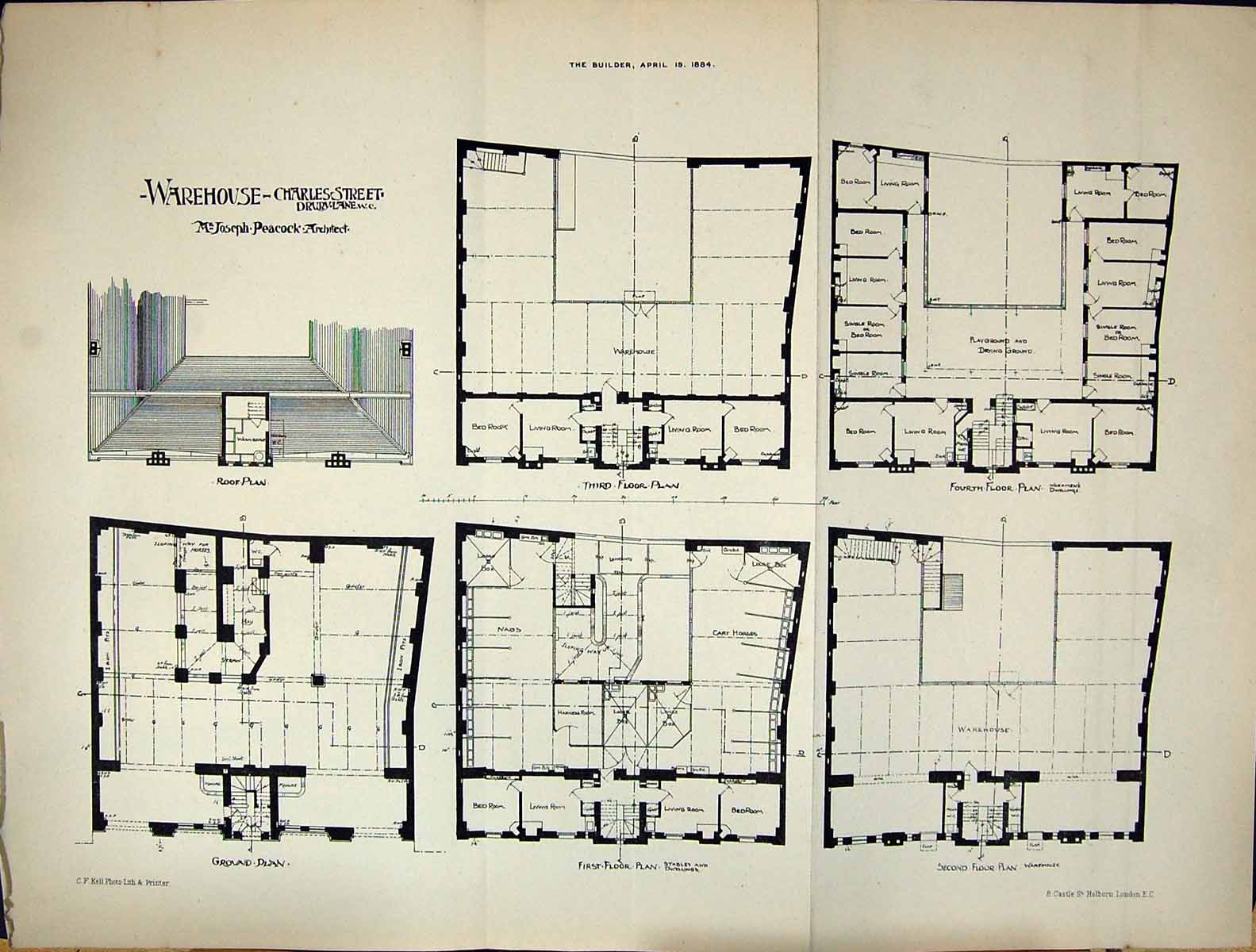 Old Builder 1884 Design Plan Warehouse Charles Street Drury Lane Jose 19th