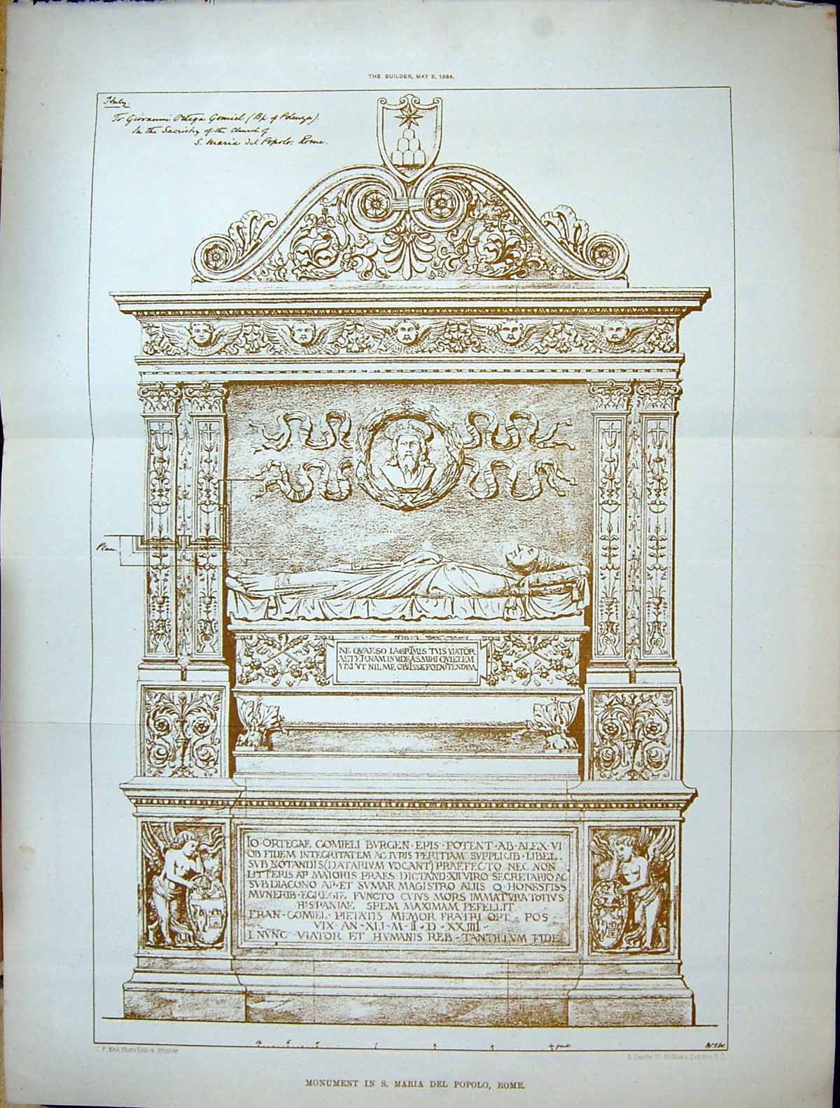 Original Old Antique Print Builder 1884 Monument Maria Del Popolo Rome Italy