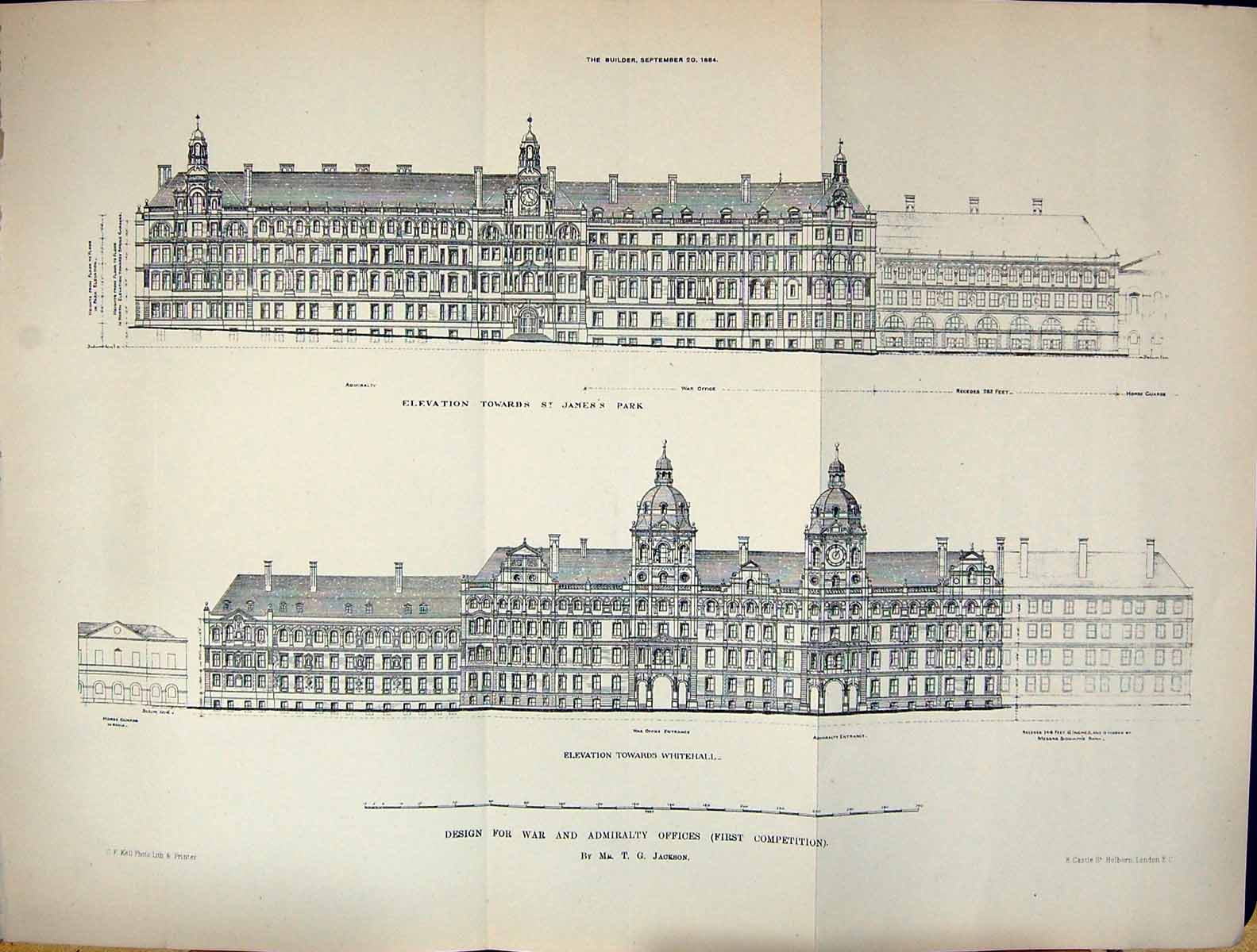 Old Print Builder 1884 Design War Admiralty Offices Architecture Jackson 19th