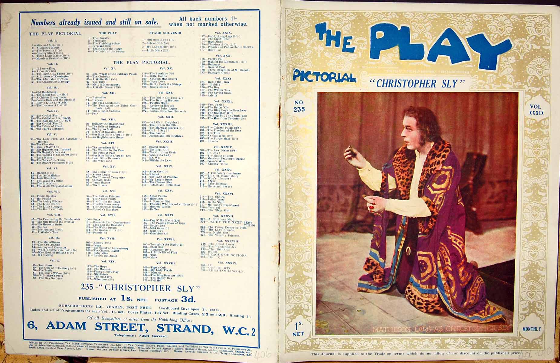 Old Play Pictorial Theatre Christopher Sly Lang Groves Arthur Whitby