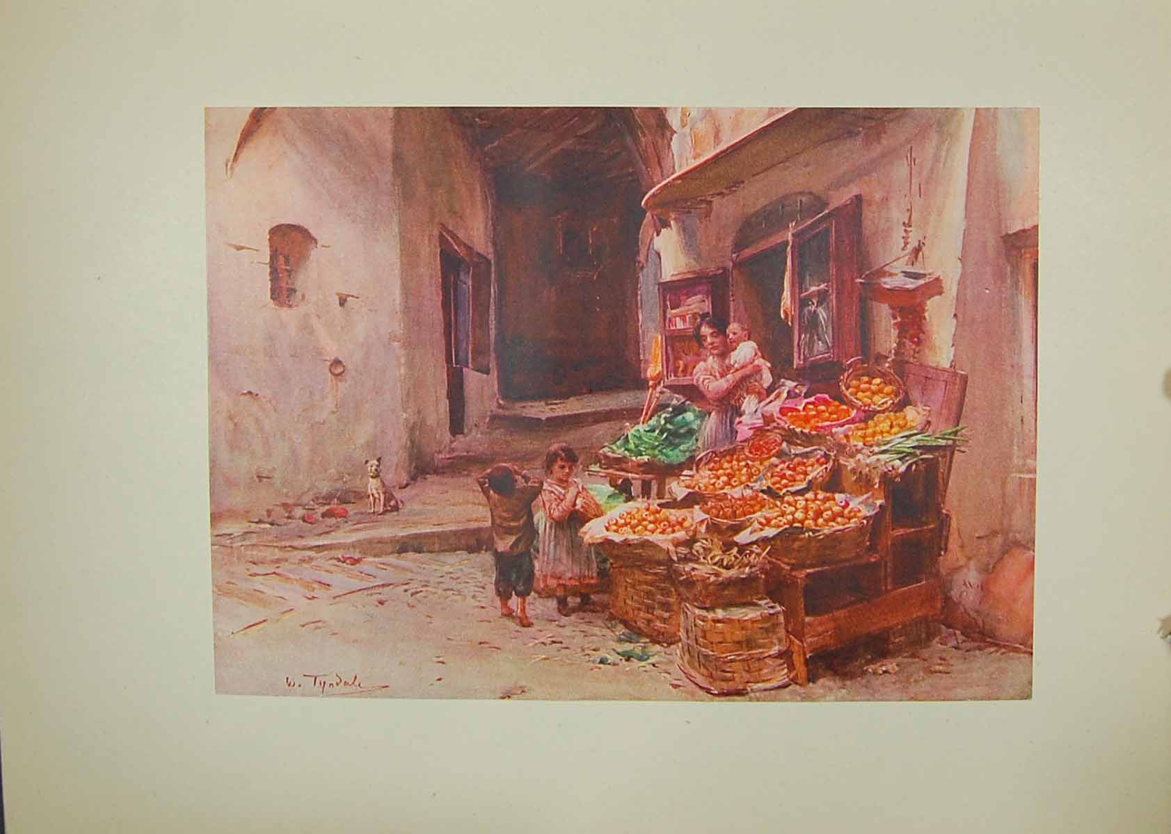 Old Antique Print Fruit Stall San Remo Italy 1913 Walter Tyndale Colour 20th