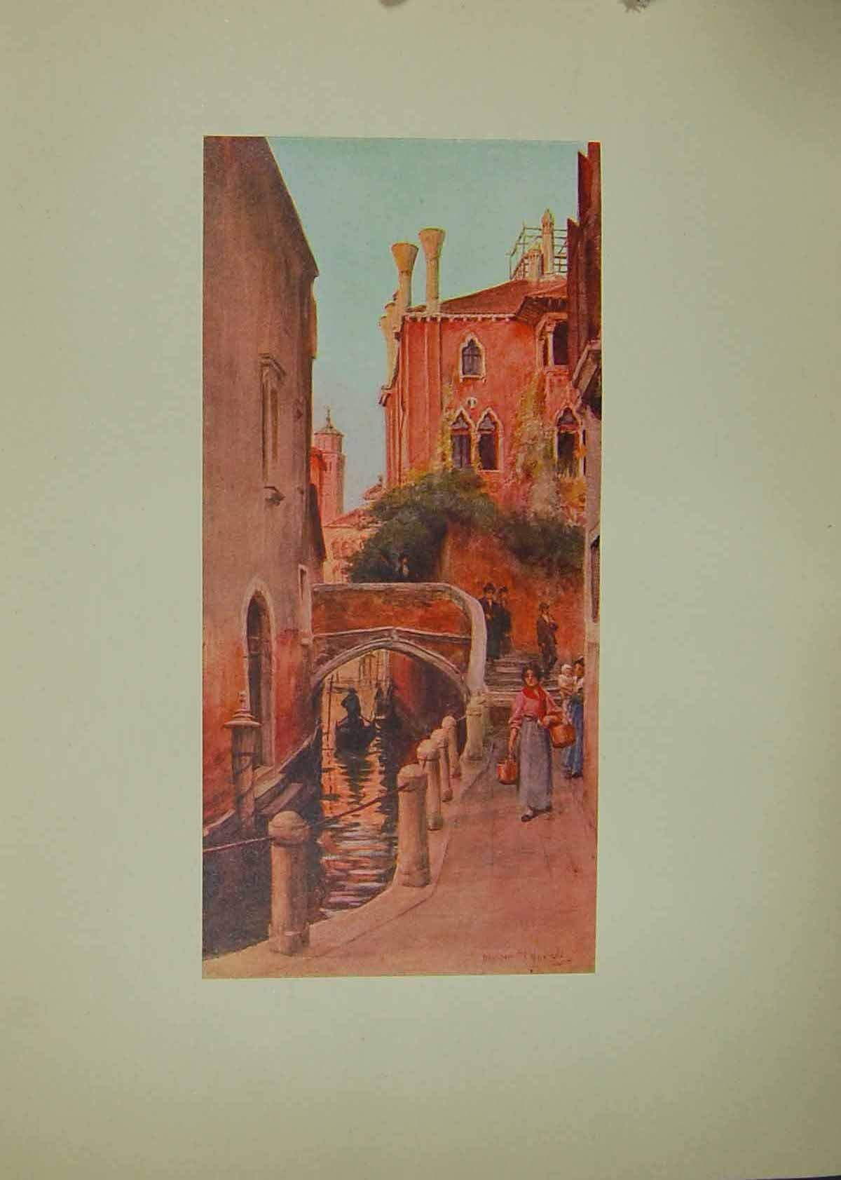 Original Old Antique Print Canal Scene Venice Italy 1913 Walter Tyndale Colour