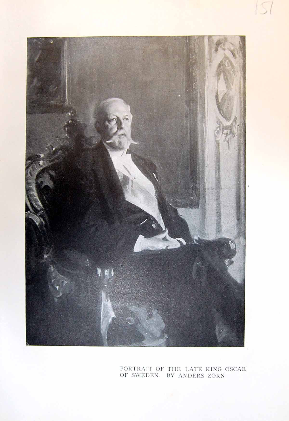 Old Antique Print Portrait King Oscar Sweden Zorn Pressor Palm Rosen 1913 20th