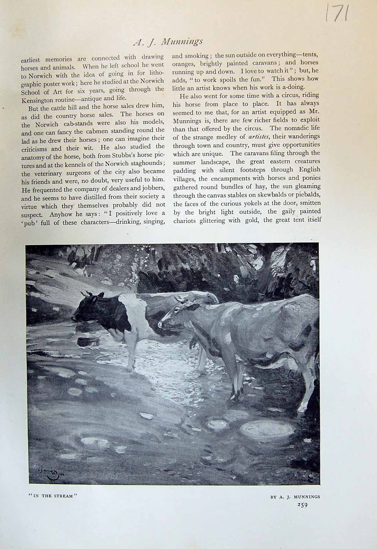 Old Antique Print 1913 Cows In The Stream Munnings Yellow Case Verpilleux 20th