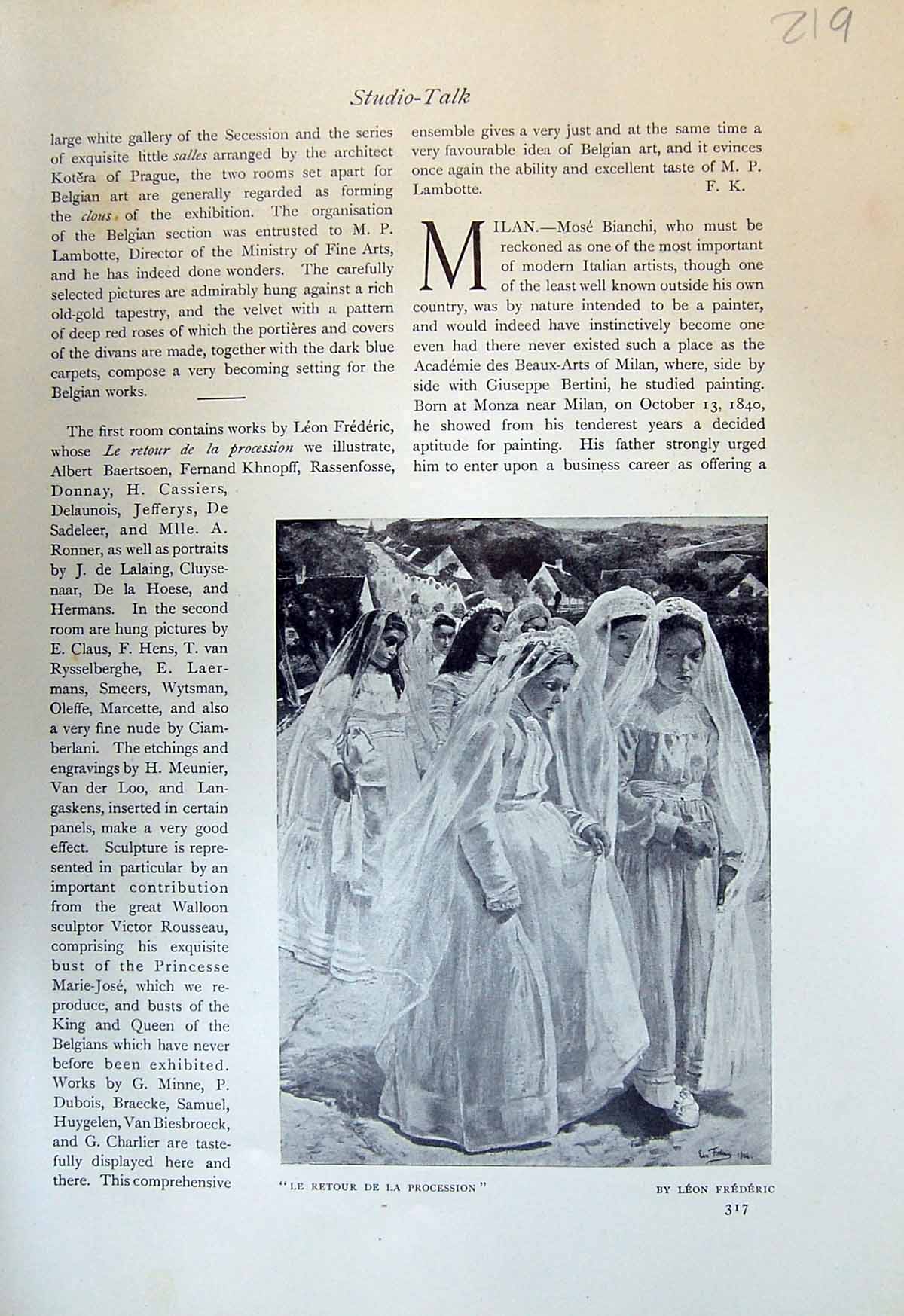 Old Print 1913 Retour Procession Leon Frederic Girl Chioggia Mose Bianchi 20th