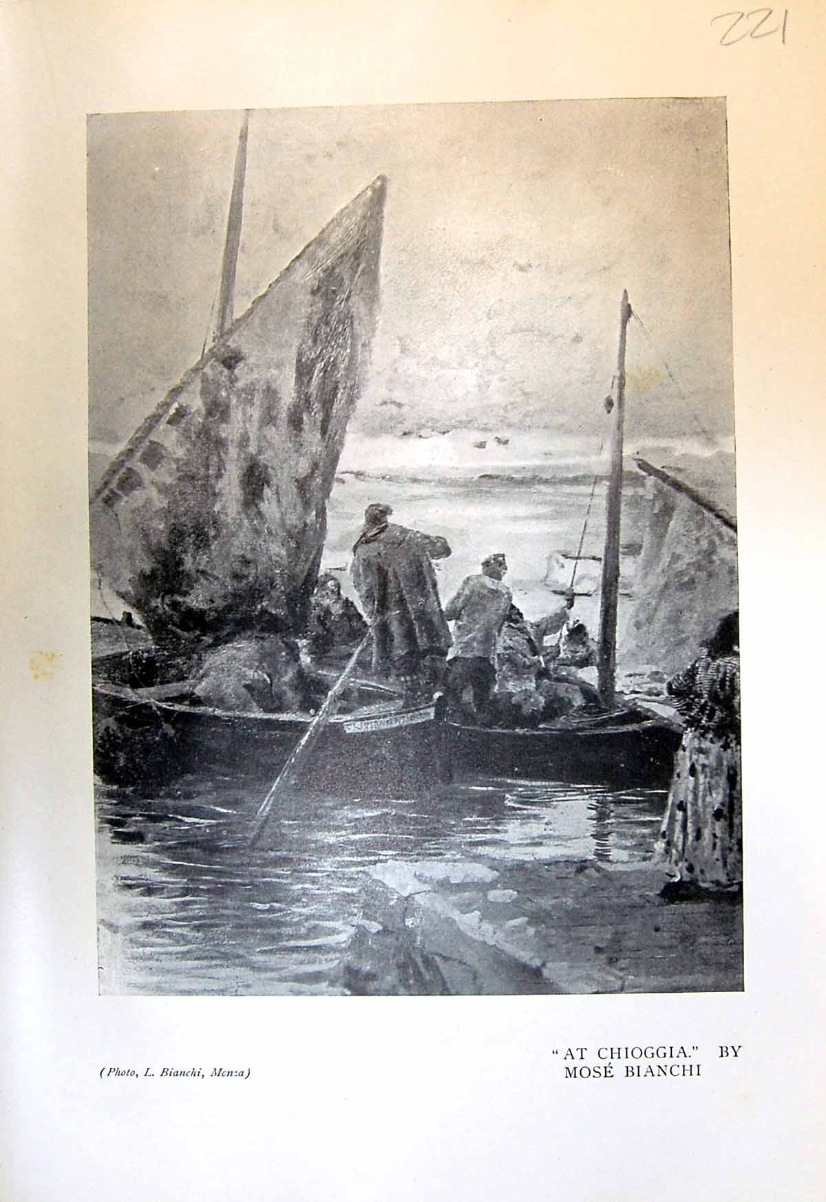 Original Old Antique Print Chioggia Mose Bianchi Boats 1913 Flock Sheep Animals