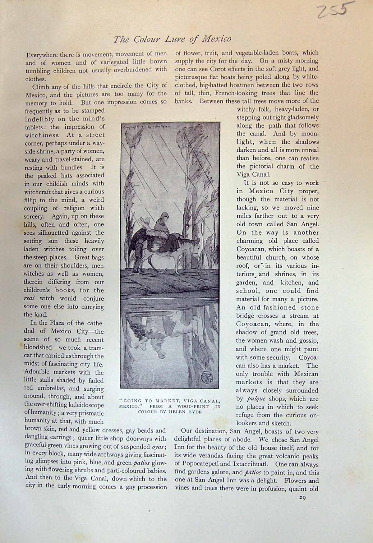 Old Antique Print Viga Canal Mexico Wood-Helen Hyde Mexican Rebecca 1913 20th