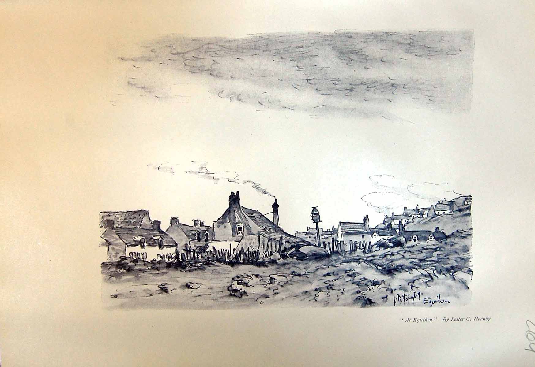 Original Old Antique Print Equihen Lester Hornby 1913 Scene Windy Weather 20th