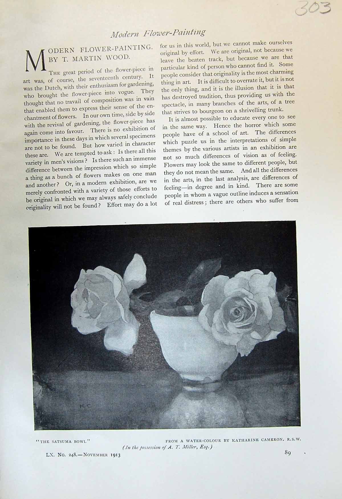 Antique Old Print Satsuma Bowl Flowers Cameron Forget-Me-Nots Richter 1913 20th