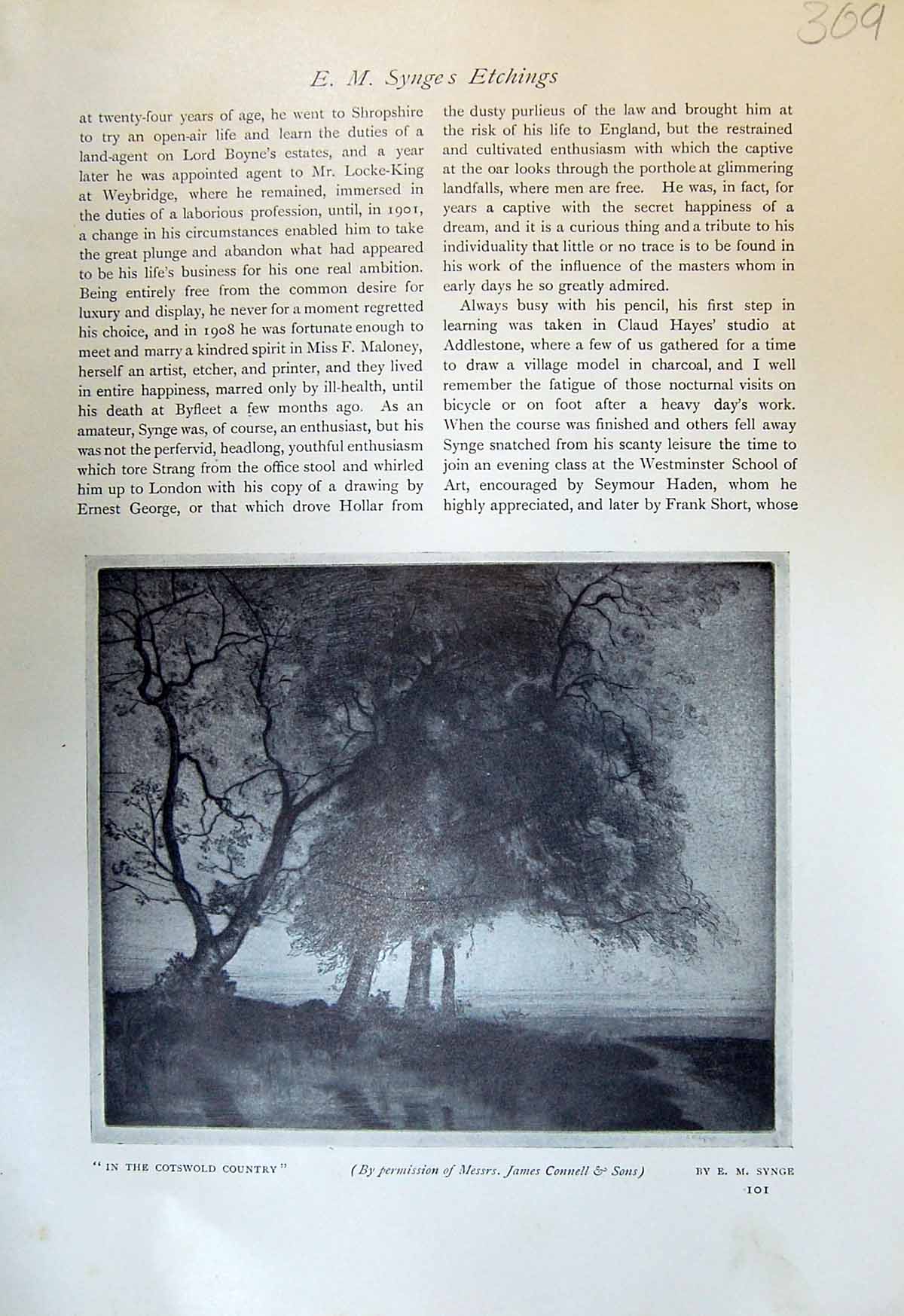 Original Old Antique Print CotswCountry Synge Trees Market Place Tourettes 1913