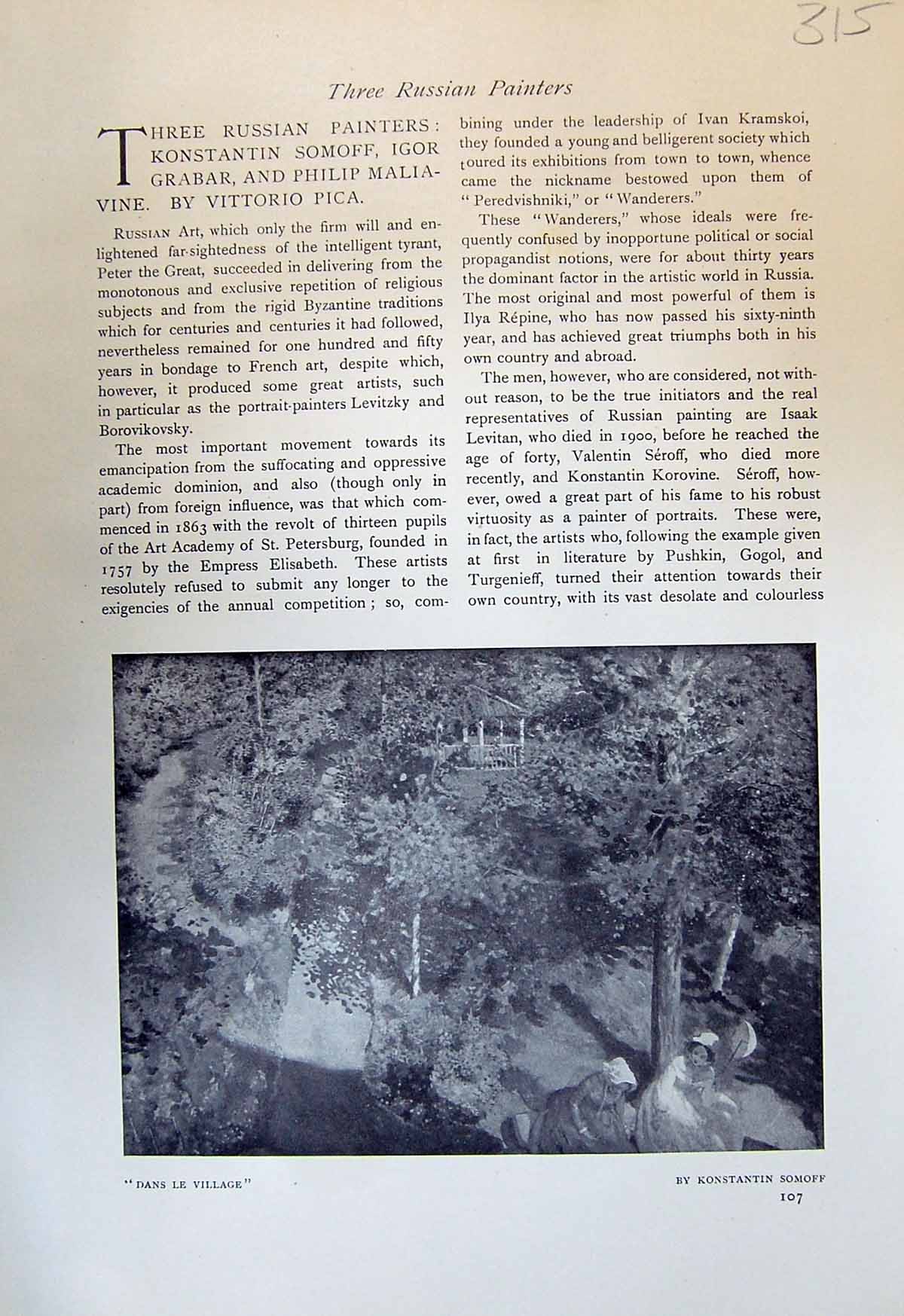 Original Old Antique Print Dans Le Village Konstantin Somf Dame En Bleu 1913