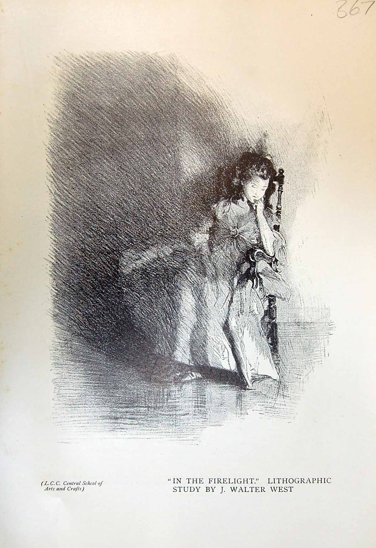 Old Young Girl Firelight Lithographic Walter West 1913 Book Kuck Poco 20th