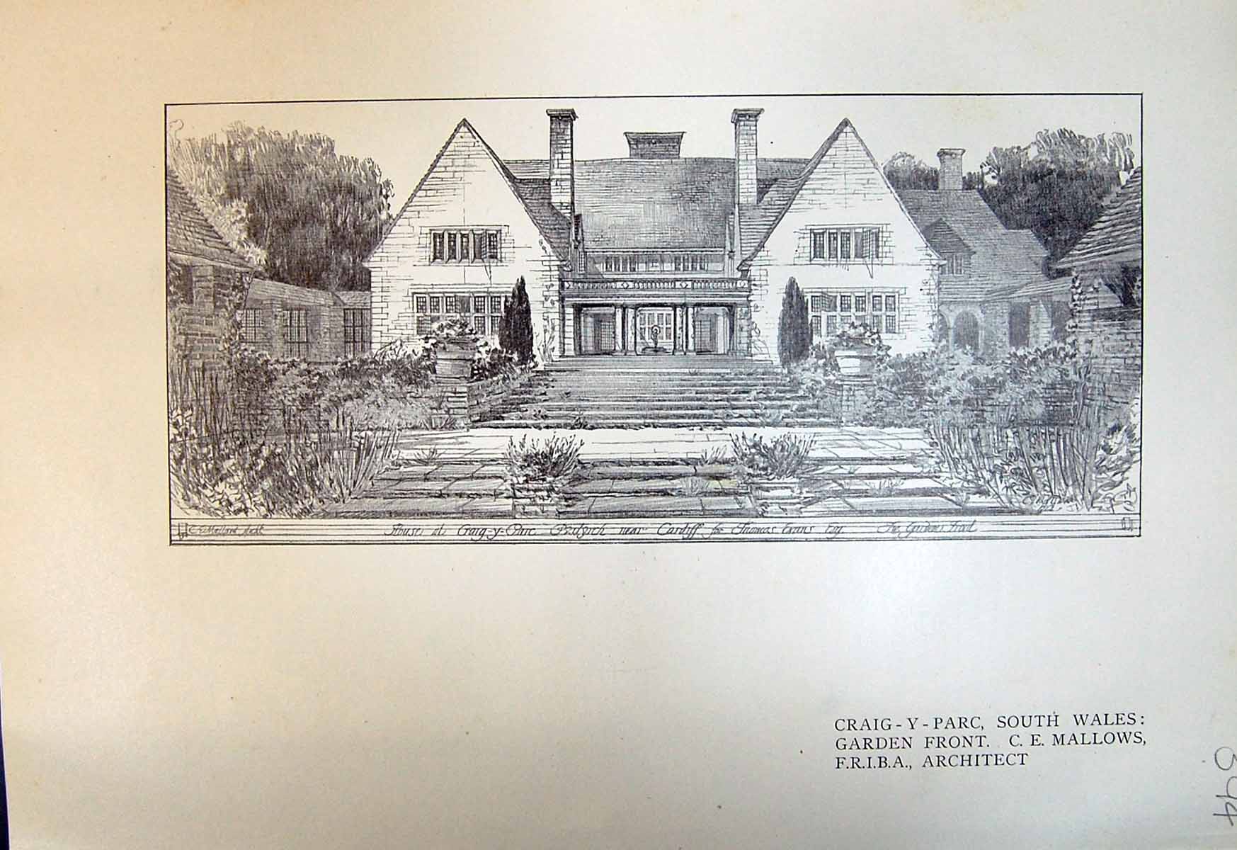 Antique Print Craig-Y-Parc Wales Garden Front Mallows Entrance Lodges 1913 20th