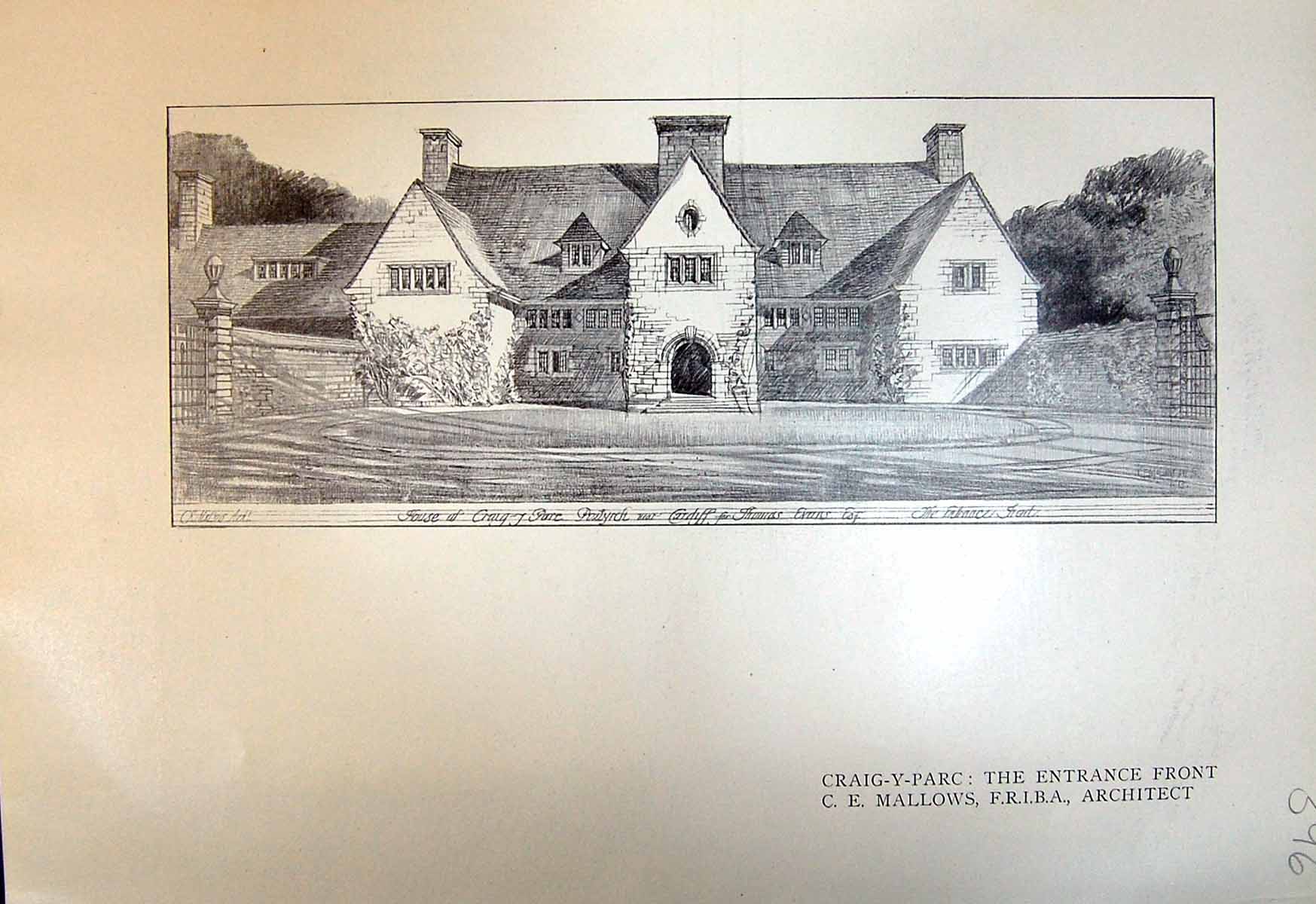 Antique Old Print Craig-Y-Parc Cloister Atrium Wales Mallows Architect 1913