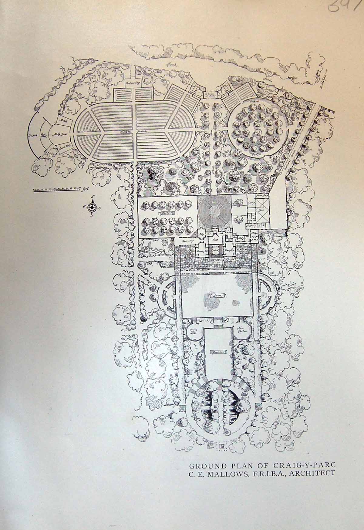 Old Antique Print Ground Plan Craig-Y-Parc Mallows South Architect 1913 20th