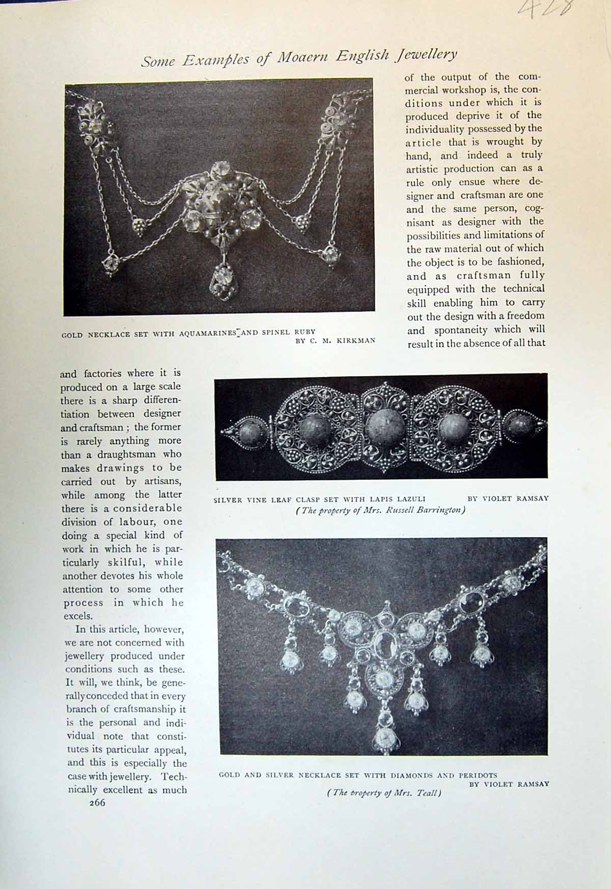 Antique Print English Jewellery Kirkman Ramsay Necklace Pendant Cross 1913 20th