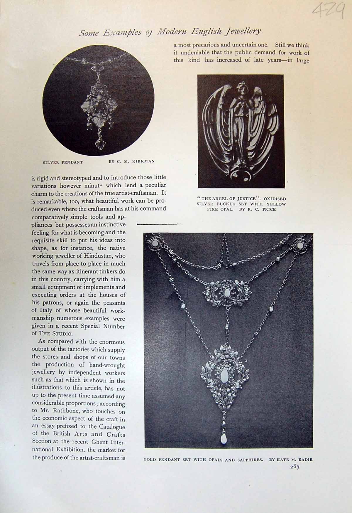 Old Print English Jewellery Kirkman Price Eadie Pendant Pearls Lapis 1913 20th