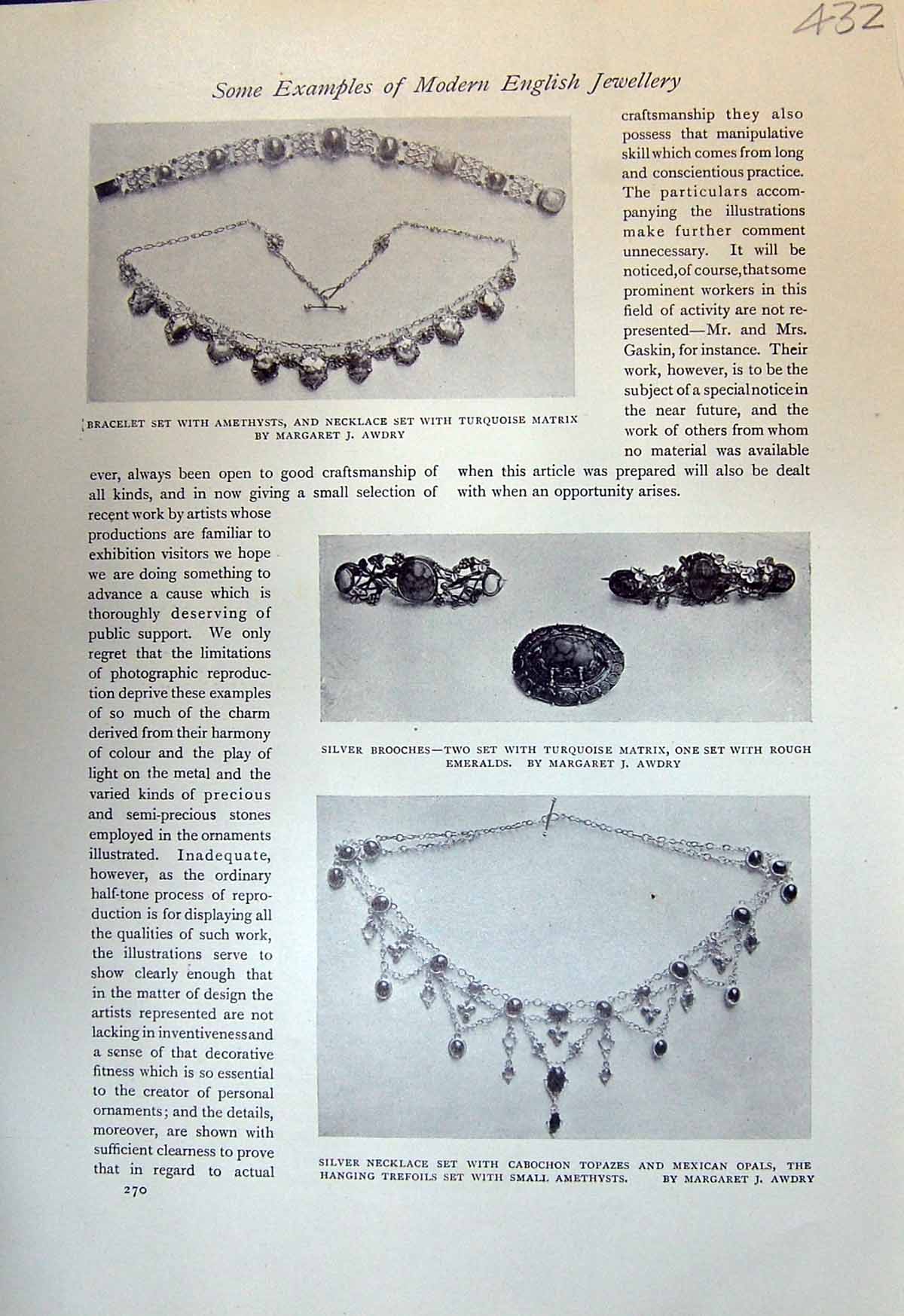 Old Print English Jewellery Awdry Bracelet Eadie Price Opals Brooch 1913 20th