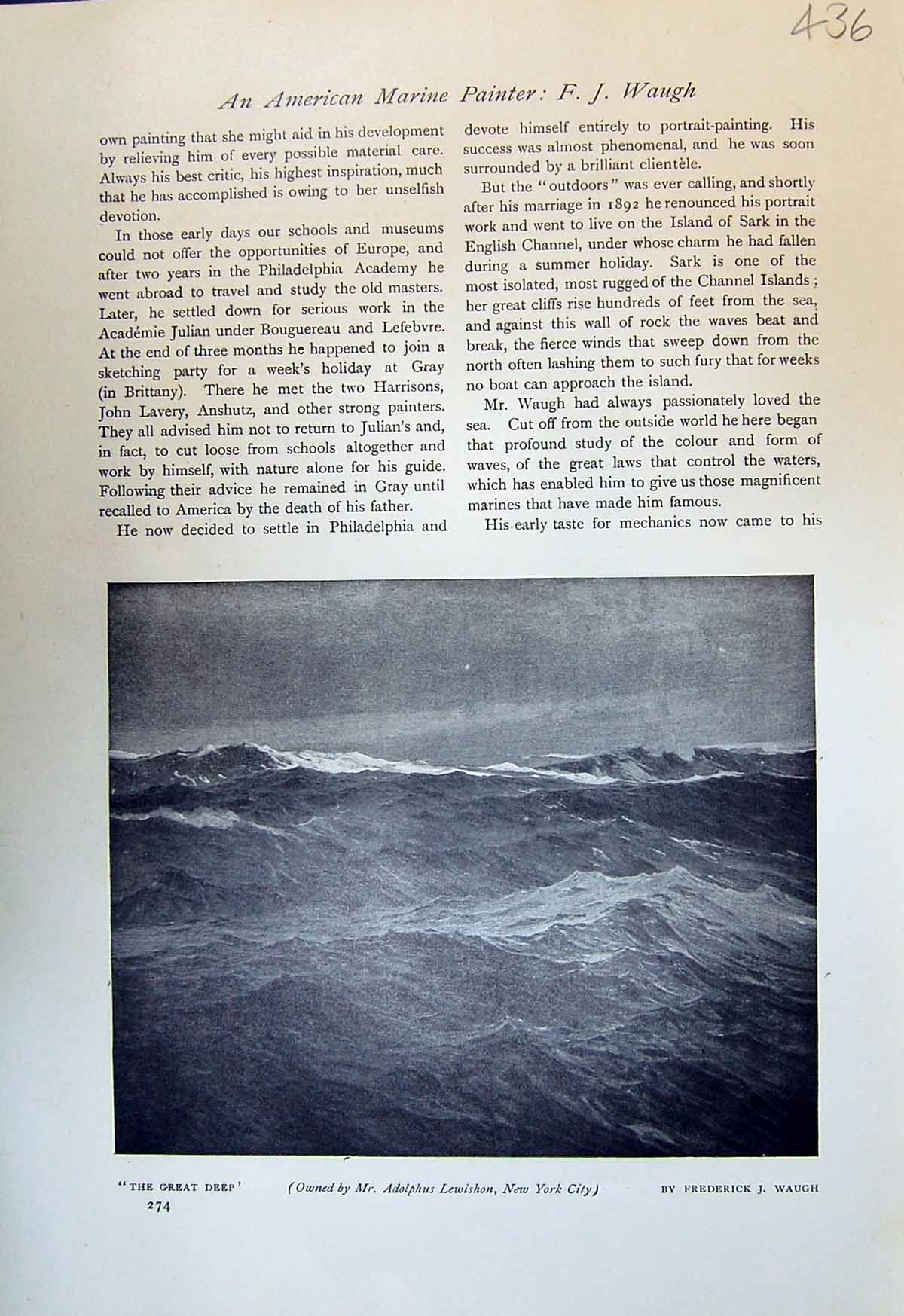 Old Print Great Deep Sea Waugh 1913 Harbour Cove Gloucester Massachusetts 20th