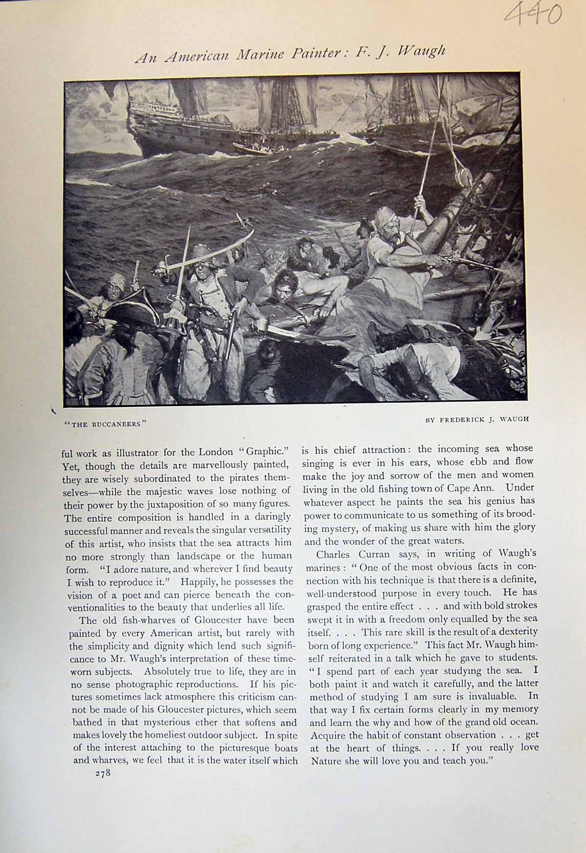 Antique Old Print Buccaneers Ships Waugh Sea Scene Fresh Morning Breeze 1913