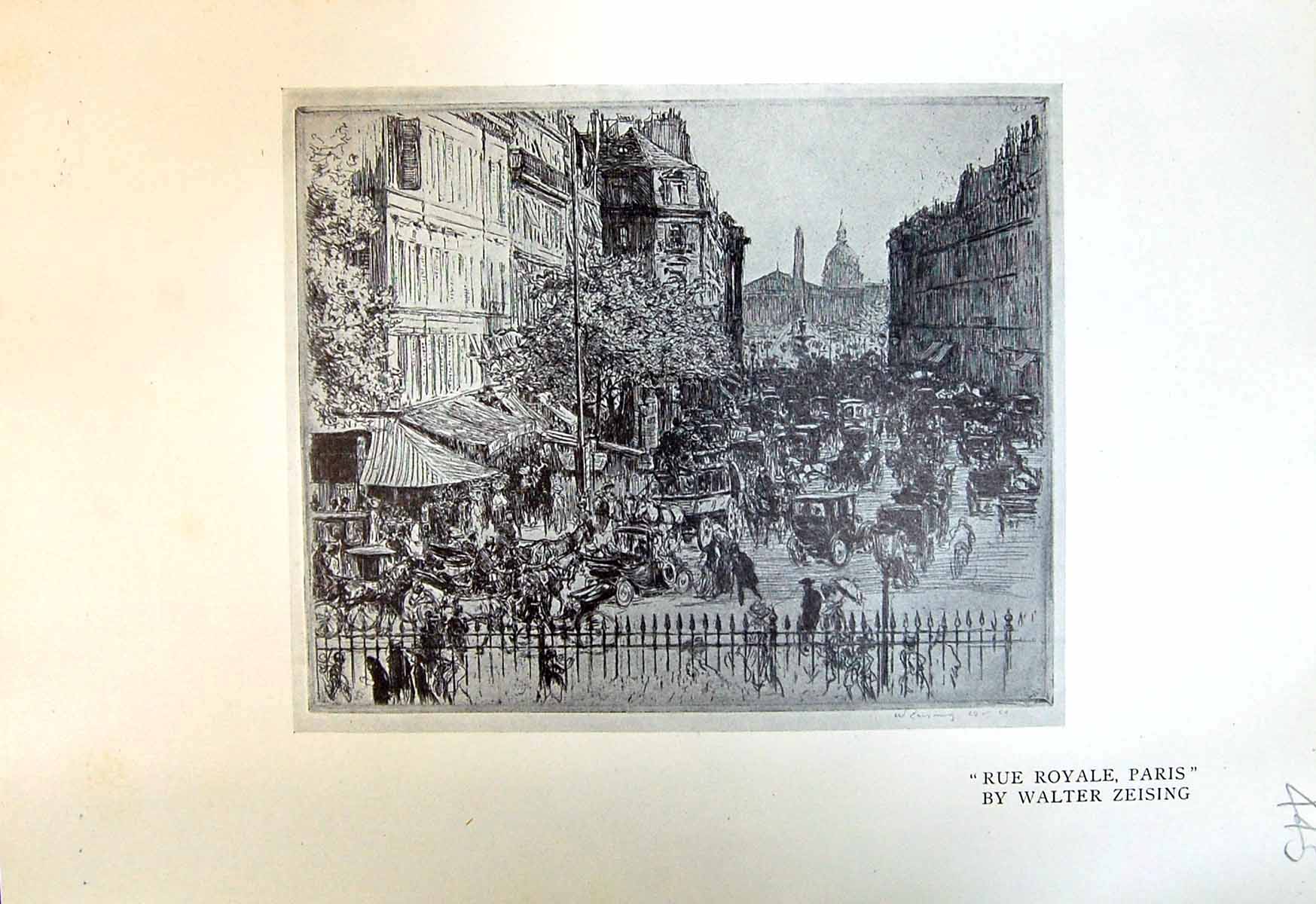 Antique Print Rue Royale Paris France Walter Zeising Place St. Michel 1913 20th
