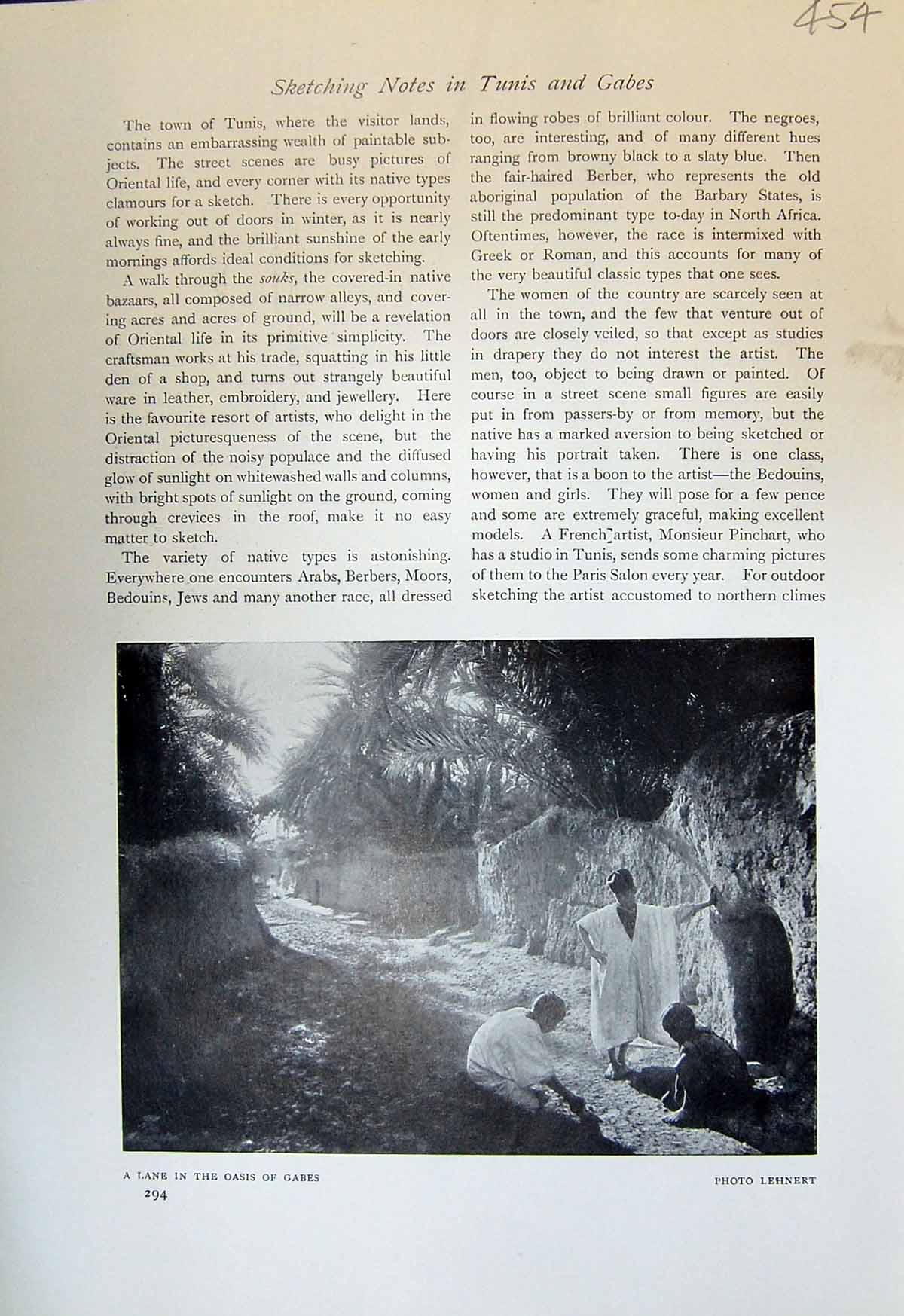 Original Old Antique Print Lane Oasis Gabes Lehnert Desert Tunis Camels 1913