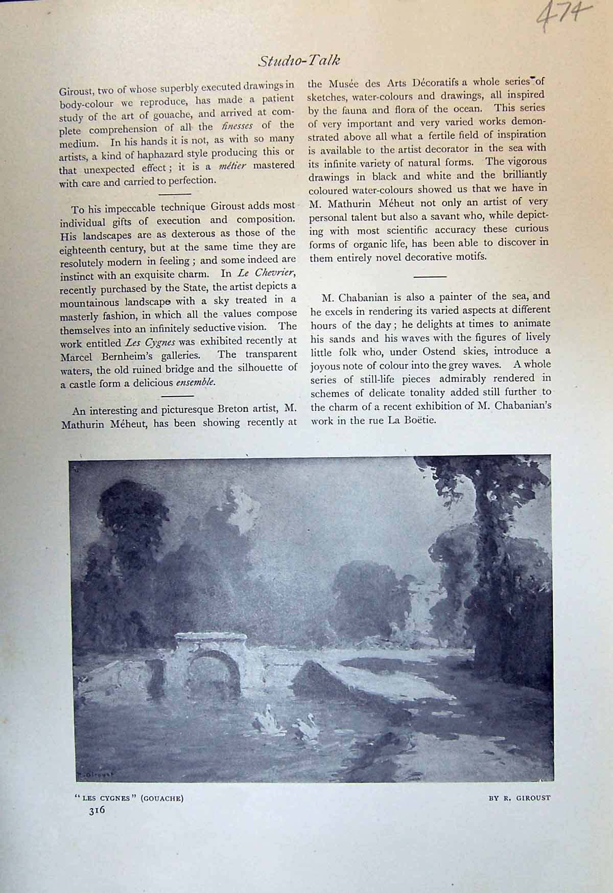 Old Print Les Cynges River Swans Giroust Le Chevrier Trees Landscape 1913 20th