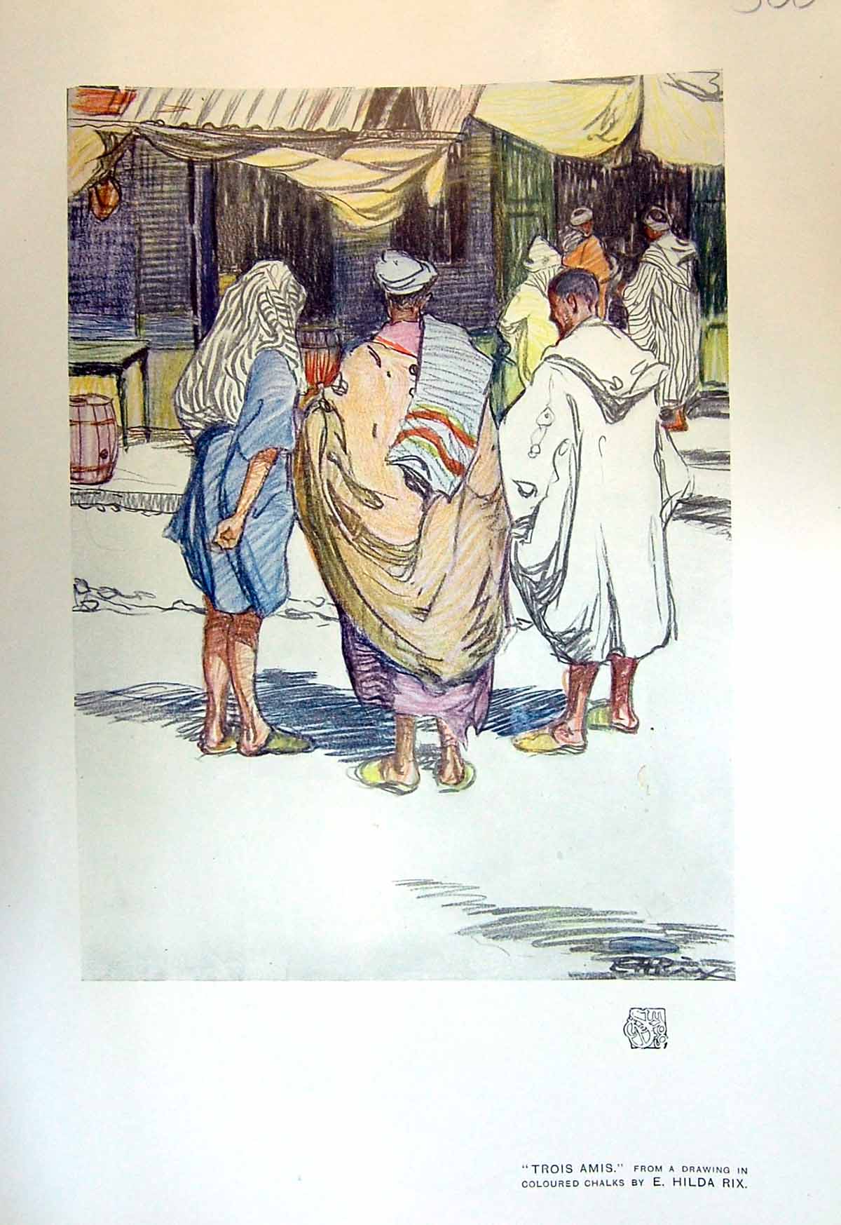 Original Old Antique Print Trois Amis Street Scene Hilda Rix Colour 1913 20th