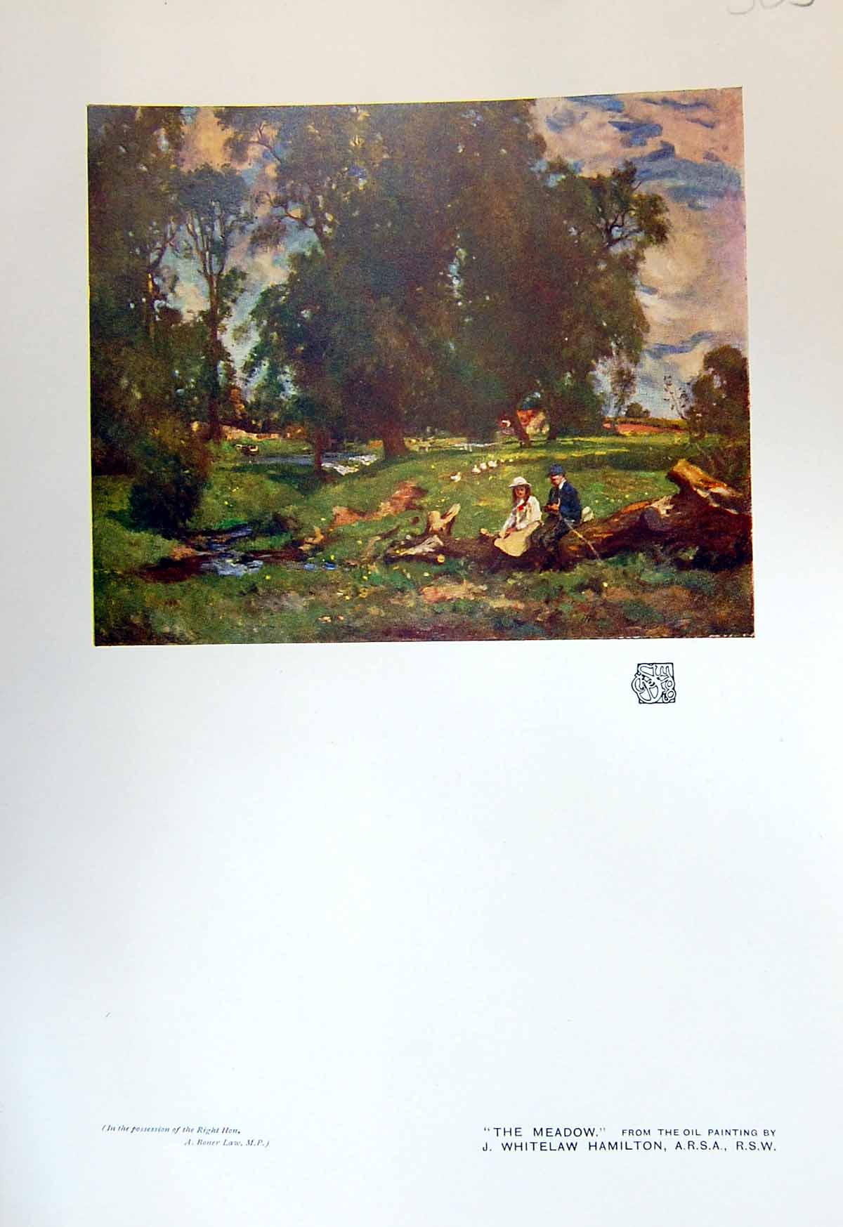 Antique Old Print Meadow Scene Trees Boy Girl Whitelaw Hamilton Colour 1913