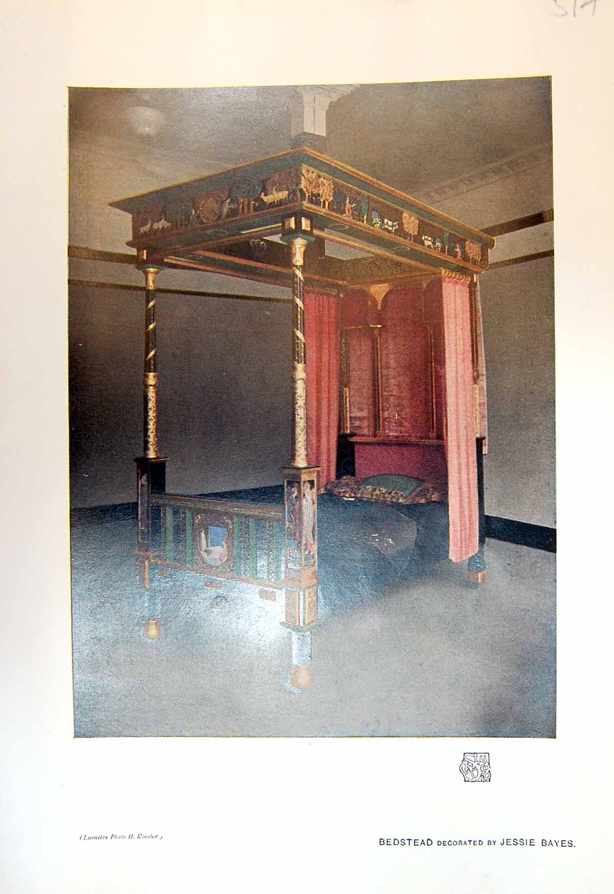 Original Old Antique Print Bedstead Jessie Bayes Furniture Colour 1913 20th