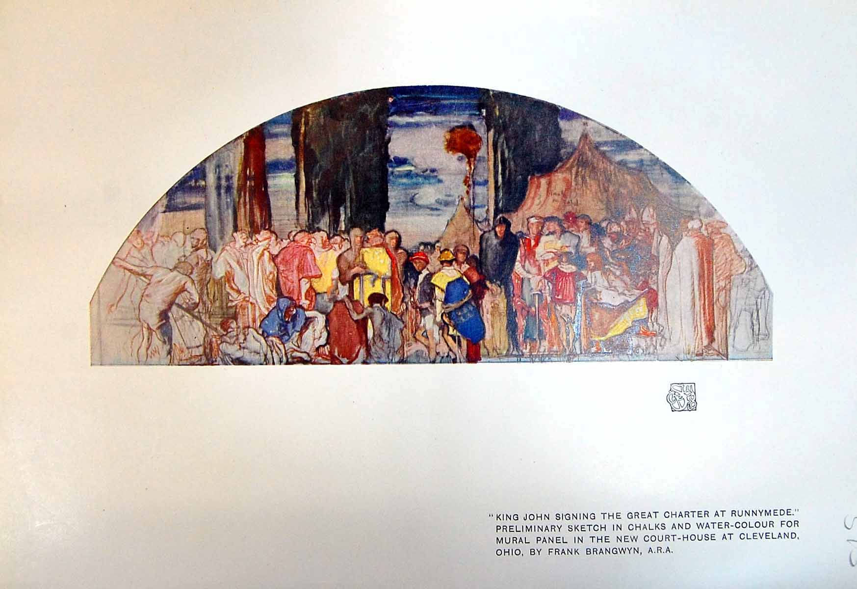 Antique Old Print King John Signing Charter Runnymese Mural Cleveland 1913 20th