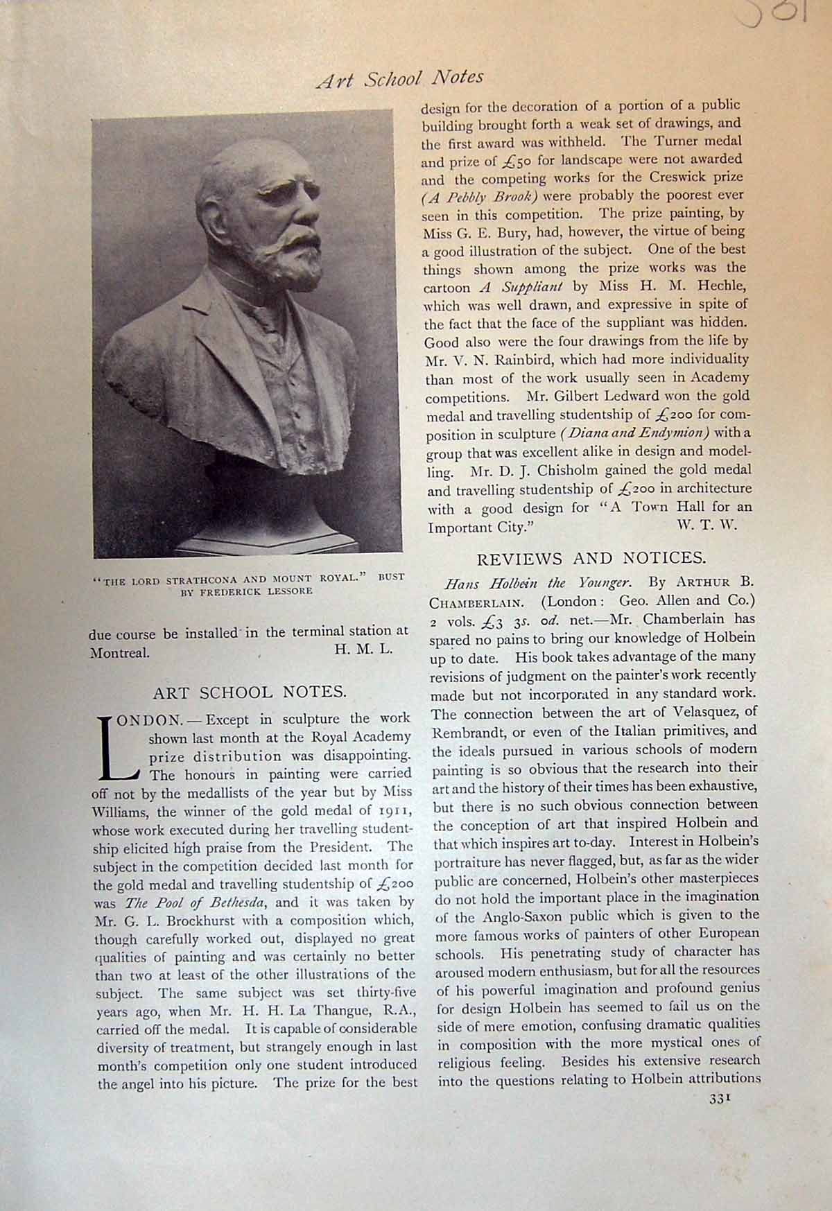 Old Antique Print 1913 Lord Strathcona Mount Royal Bust Frederick Lessore 20th