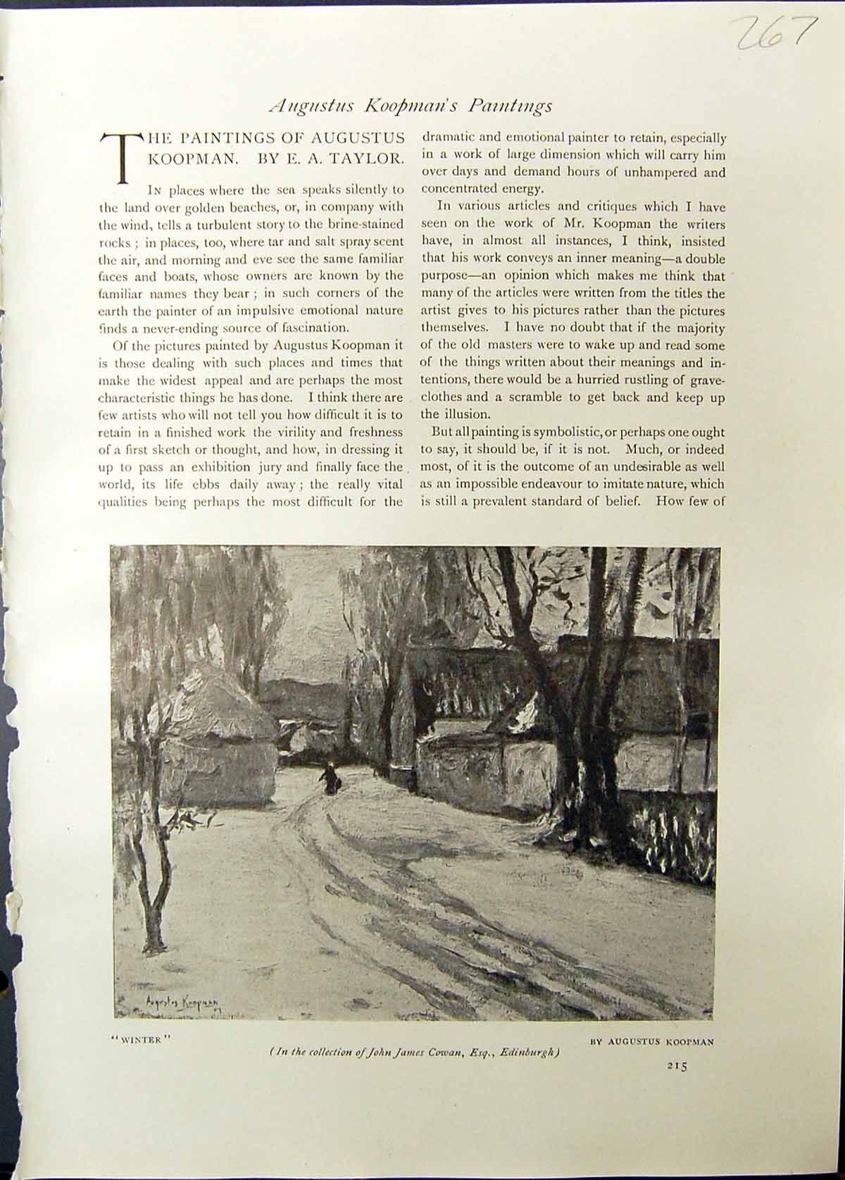Old Studio 1911 Winter Street Scene Augustus Koopman Parting World Bo 20th