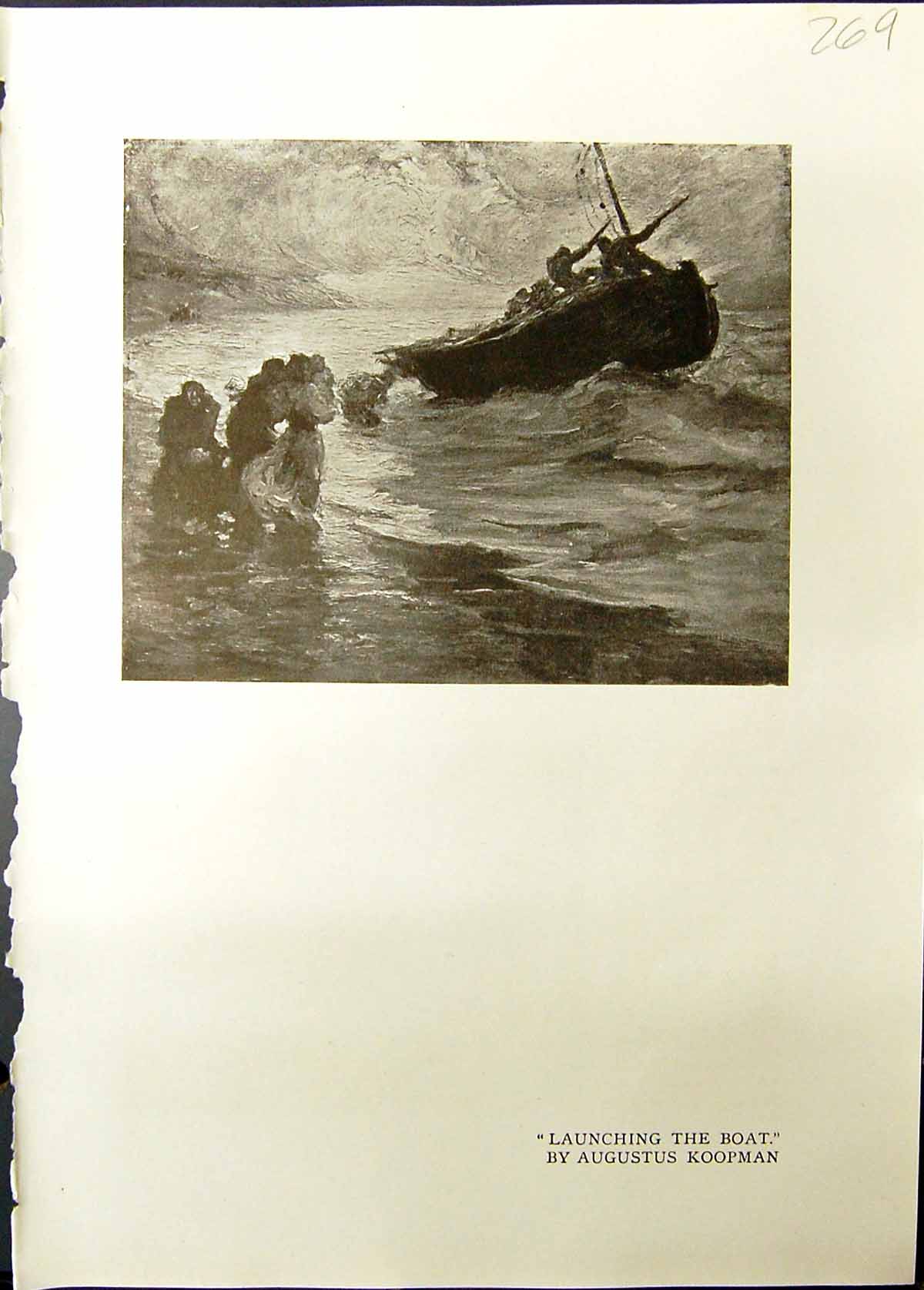 Old Print Studio 1911 Launching Boat Augustus Koopman Hoisting Sails Sea 20th