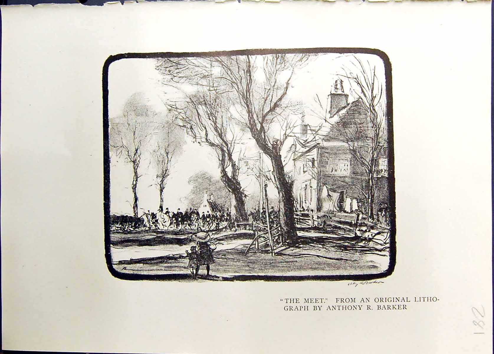 Old Studio 1911 Hunting Meet Lithograph Anthony Barker Beeches Trees 20th