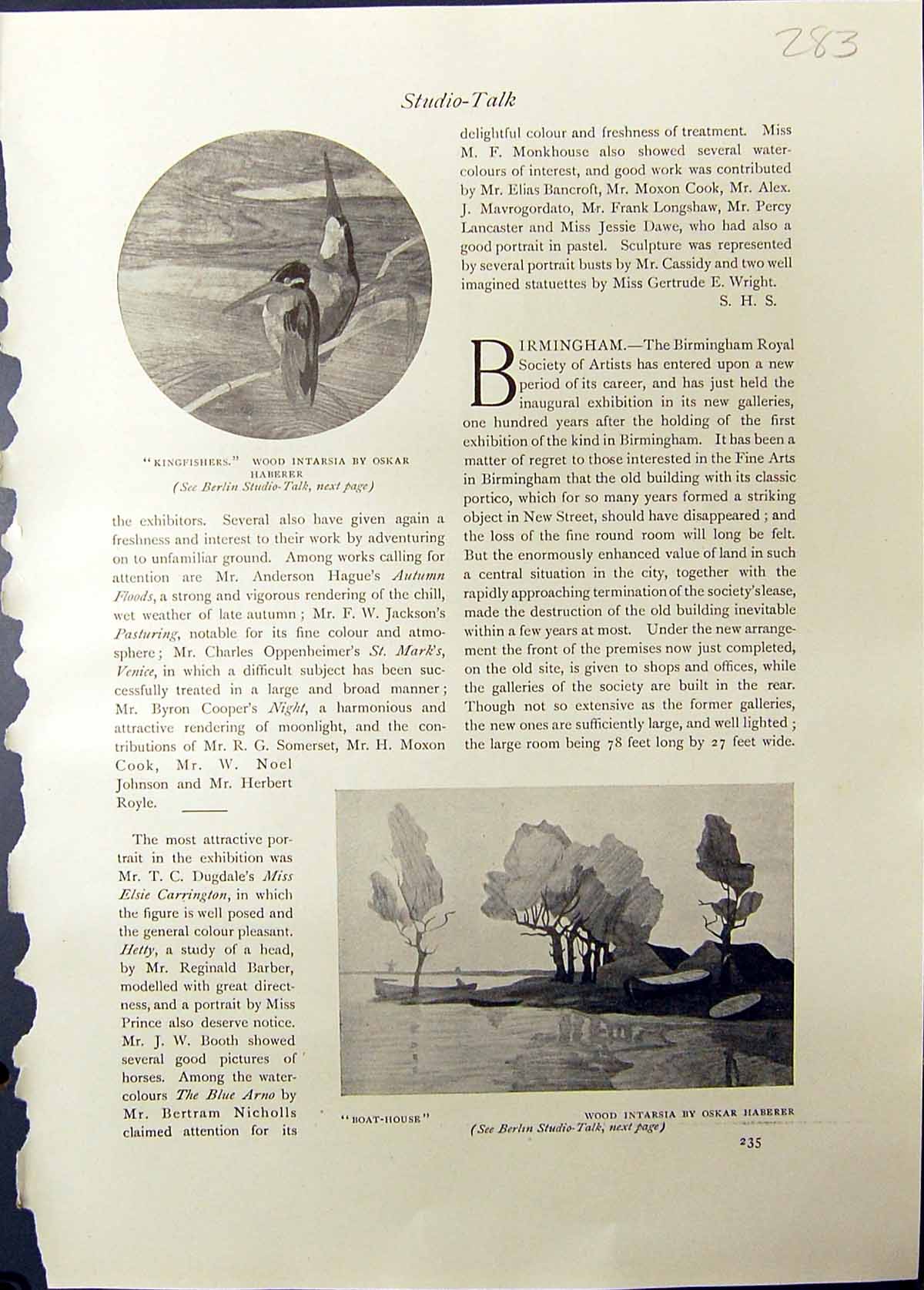 Old Studio 1911 Kingfishers Birds Oskar Boat House Haeberer Wood Engr 20th
