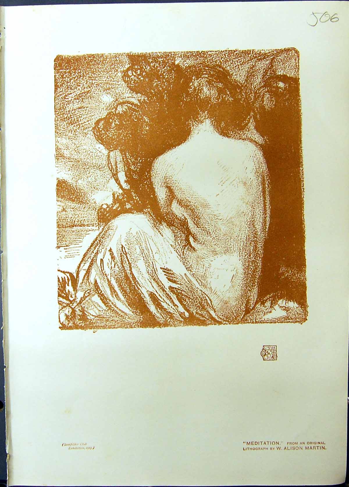 Original Old Antique Print Meditation Nude Lady Colour Alison Smith Studio 1911