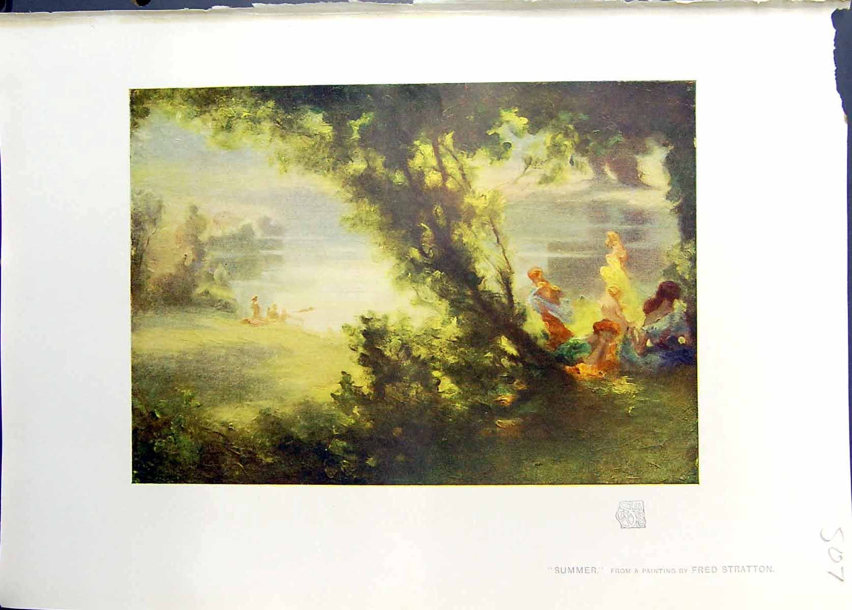 Antique Old Print Studio 1911 Colour Summer Scene Lake Picnic Fred Stratton