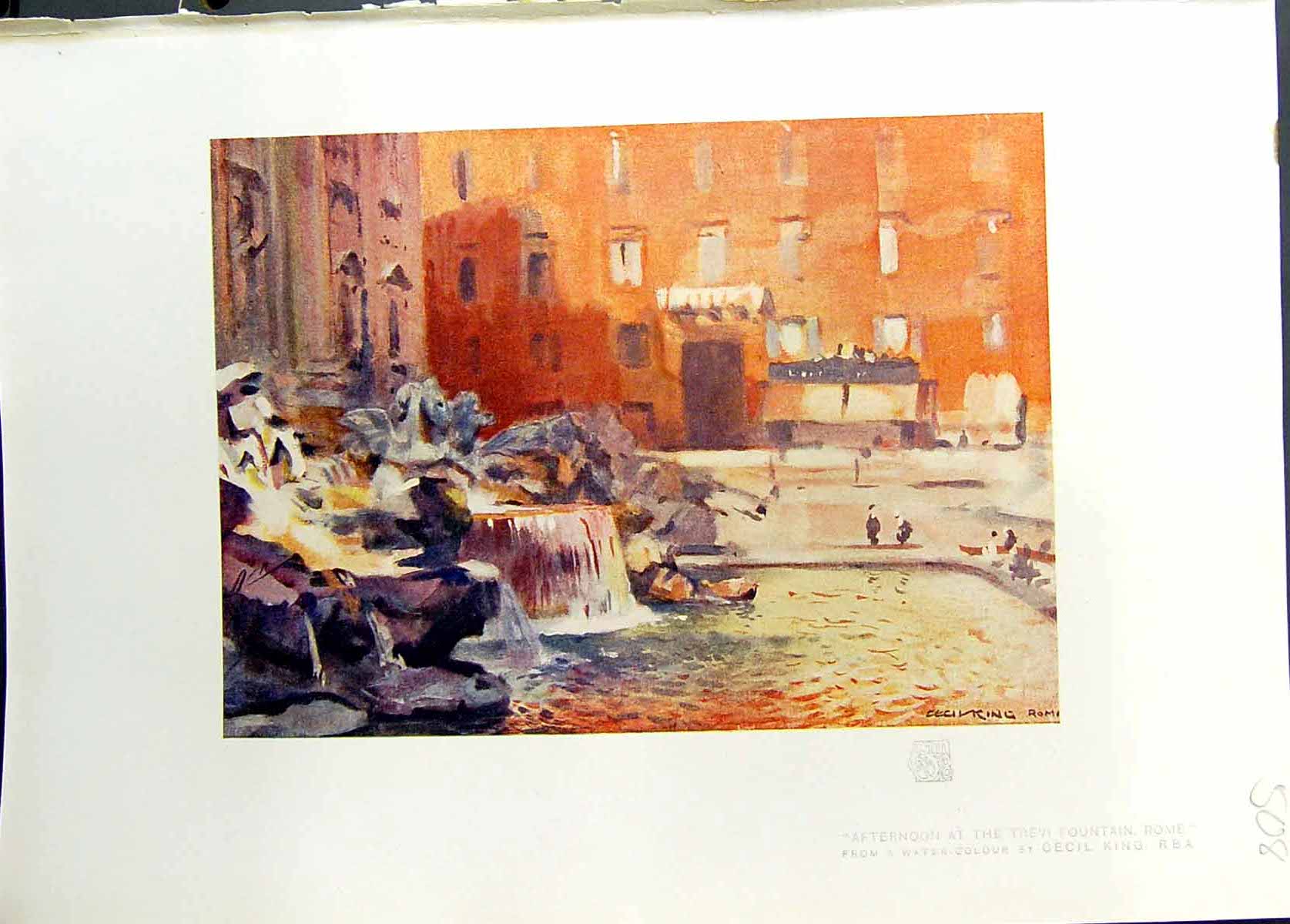 Antique Old Print Studio 1911 Colour Afternoon Trevi Fountain Rome Cecil King