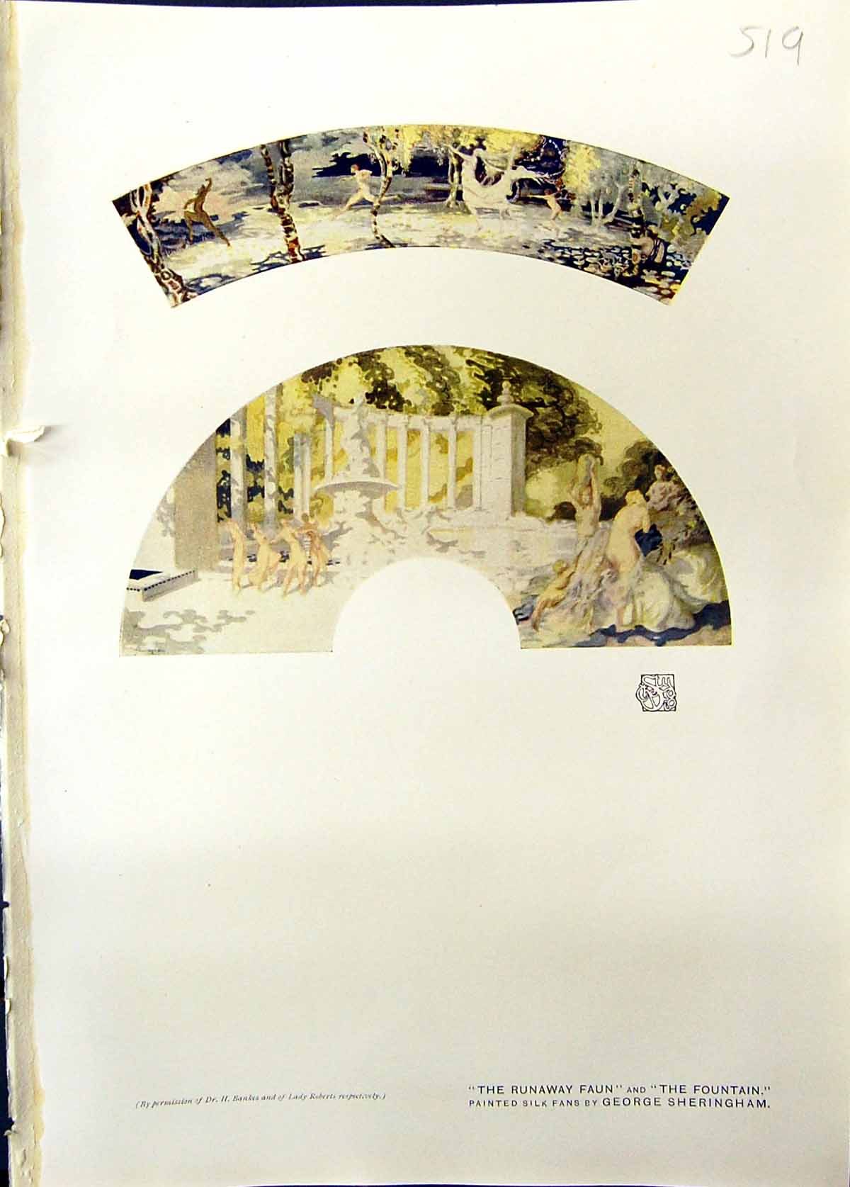 Antique Old Print Colour Runaway Faun Fountain George Sheringham Studio 1911