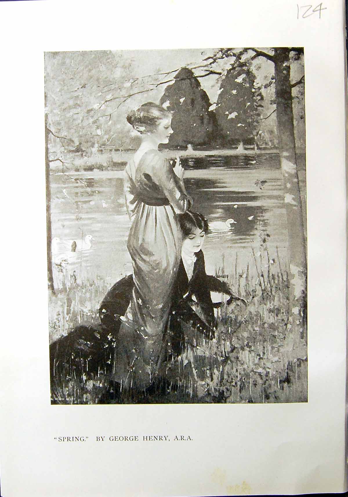 Old Print Spring George Henry Ladies Ducks Lake 1912 Hop Pickers Munnings 20th